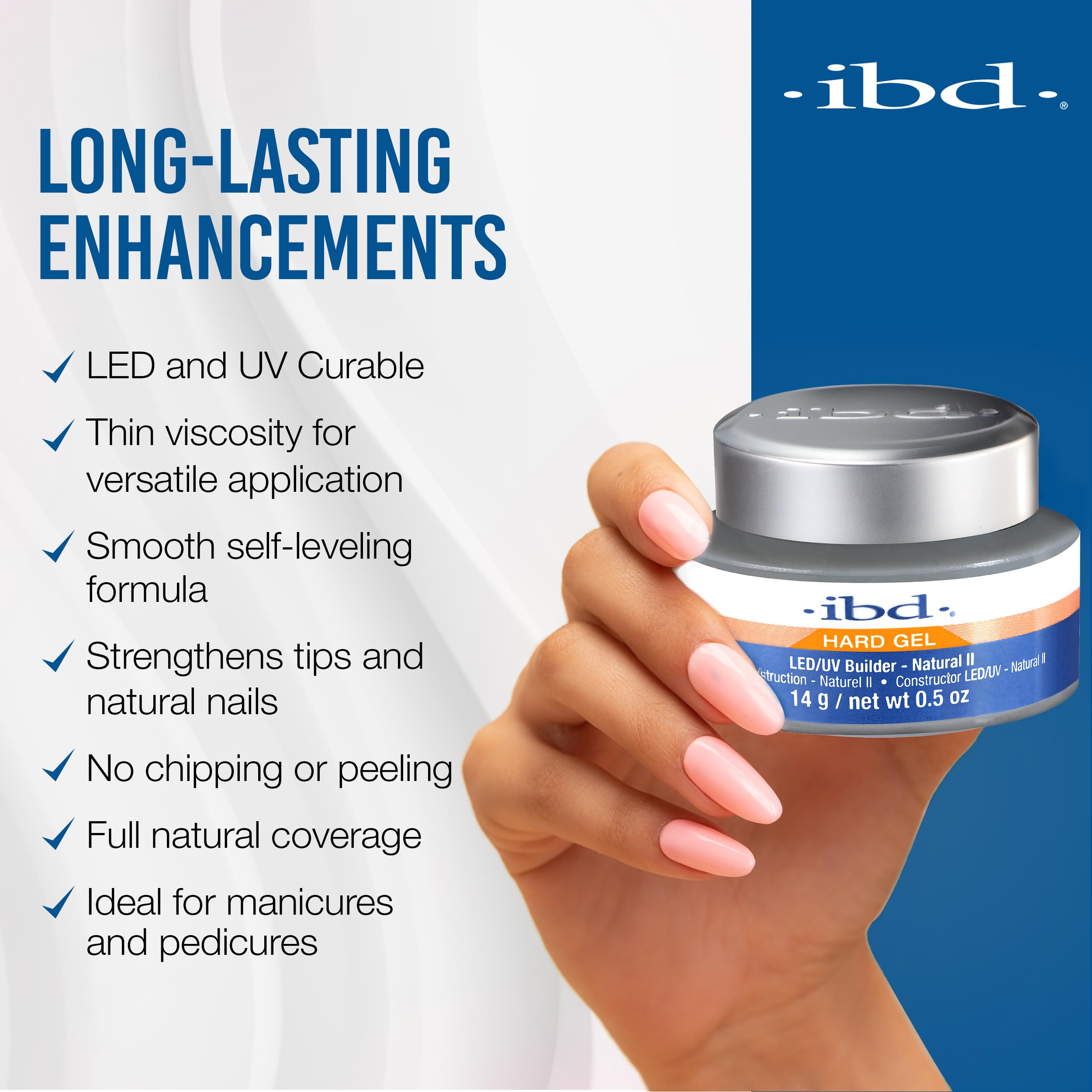 IBD Gel dur LED/UV Naturel II – durcissement sous lampe pour une finition solide.
