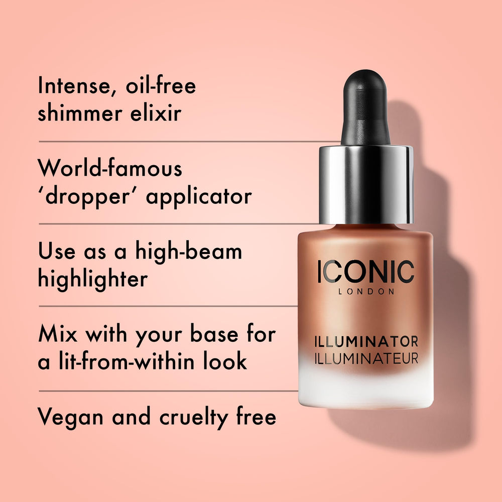 ICONIC LONDON illuminateur gouttes liquides pour un glow modulable sur la peau.