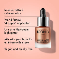 ICONIC LONDON illuminateur gouttes liquides pour un glow modulable sur la peau.