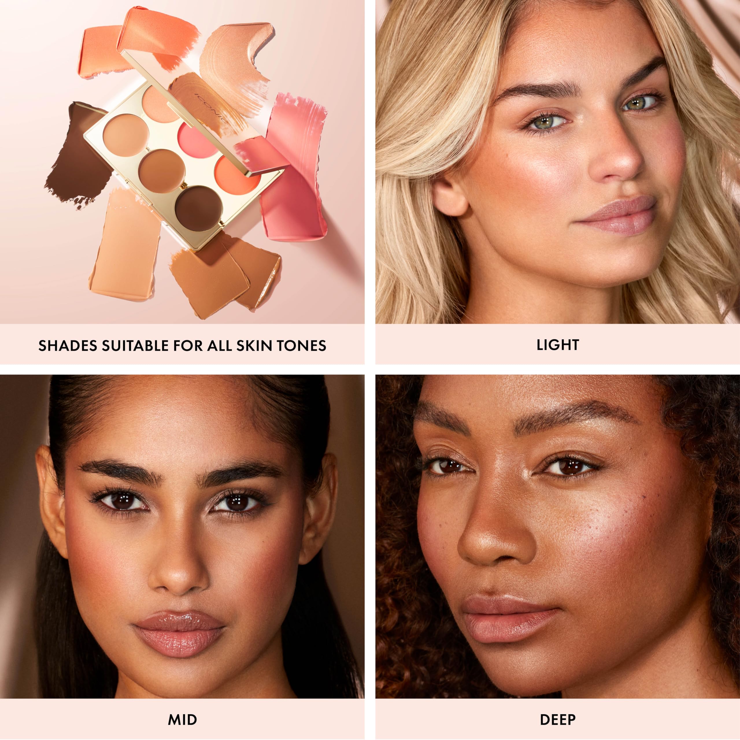 Peach Blush Iconic London swatch sur peau, teint frais.