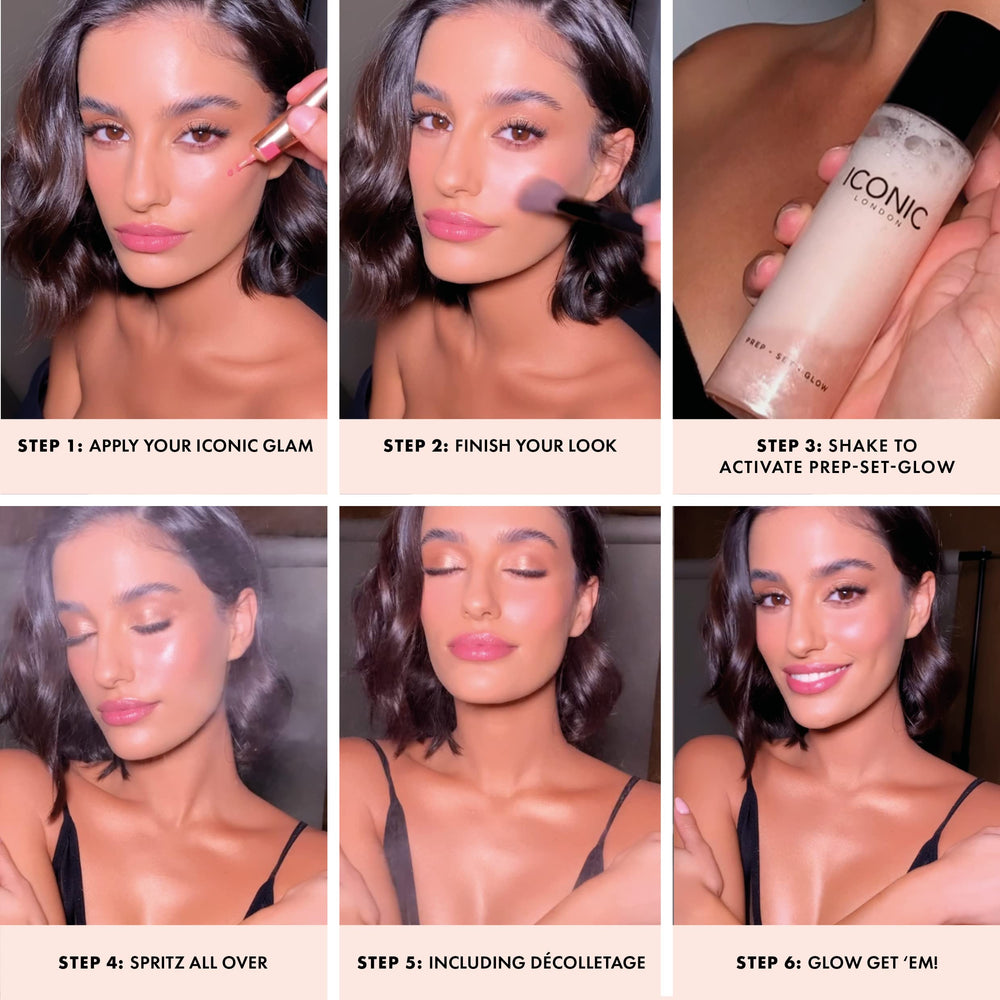 ICONIC LONDON Prep-Set-Glow, spray après maquillage pour fixation légère et éclat.