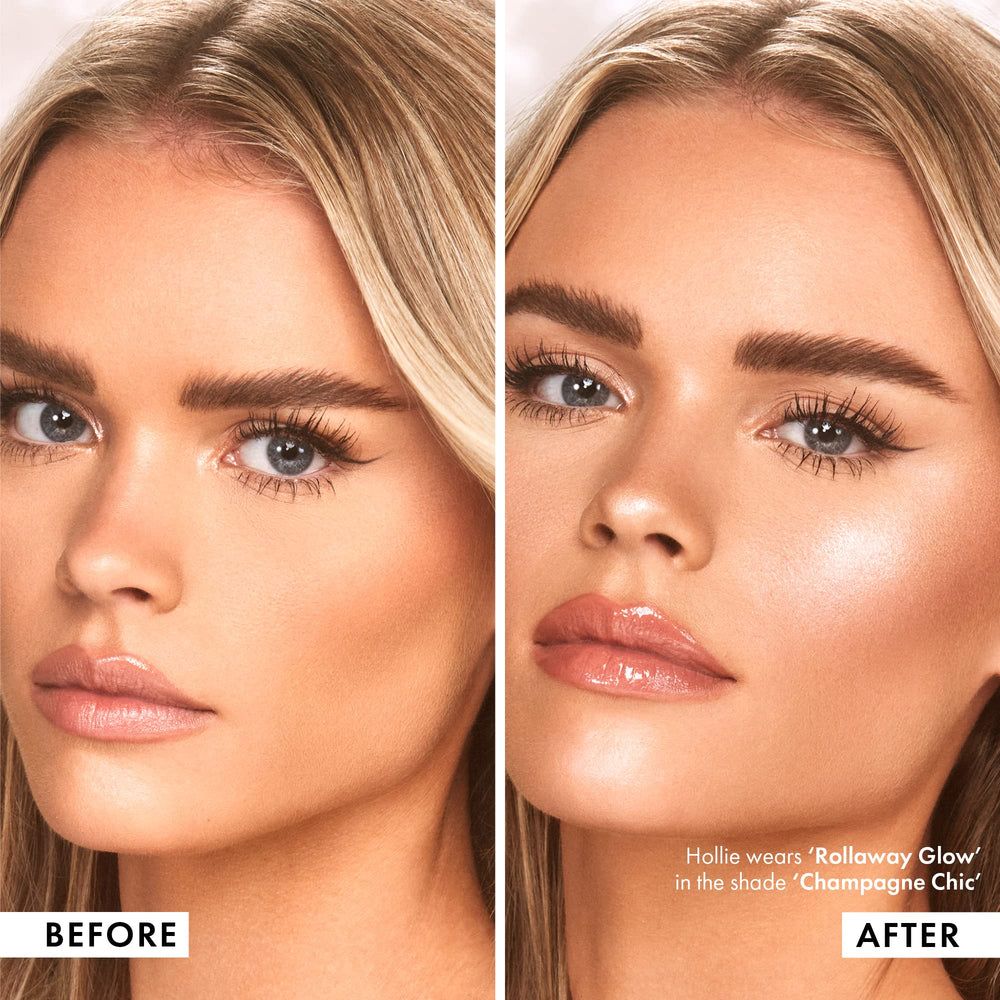 Iconic London Rollaway Glow, application sur pommettes et zones clés pour un éclat doux.