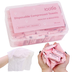 Lingettes visage ICOTLE compressées expansion rapide pour essuyage rapide en déplacement.