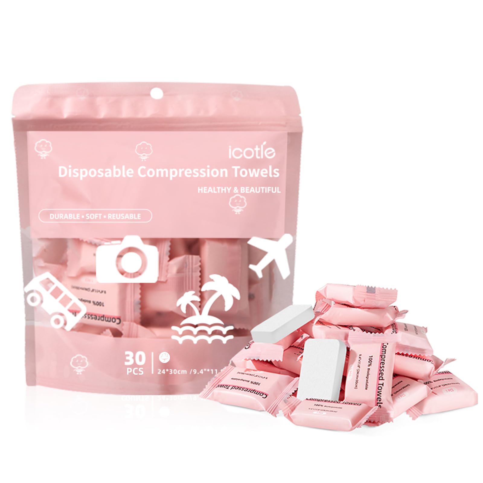 ICOTLE serviette compressée 30 pièces, emballage individuel pratique pour voyager.