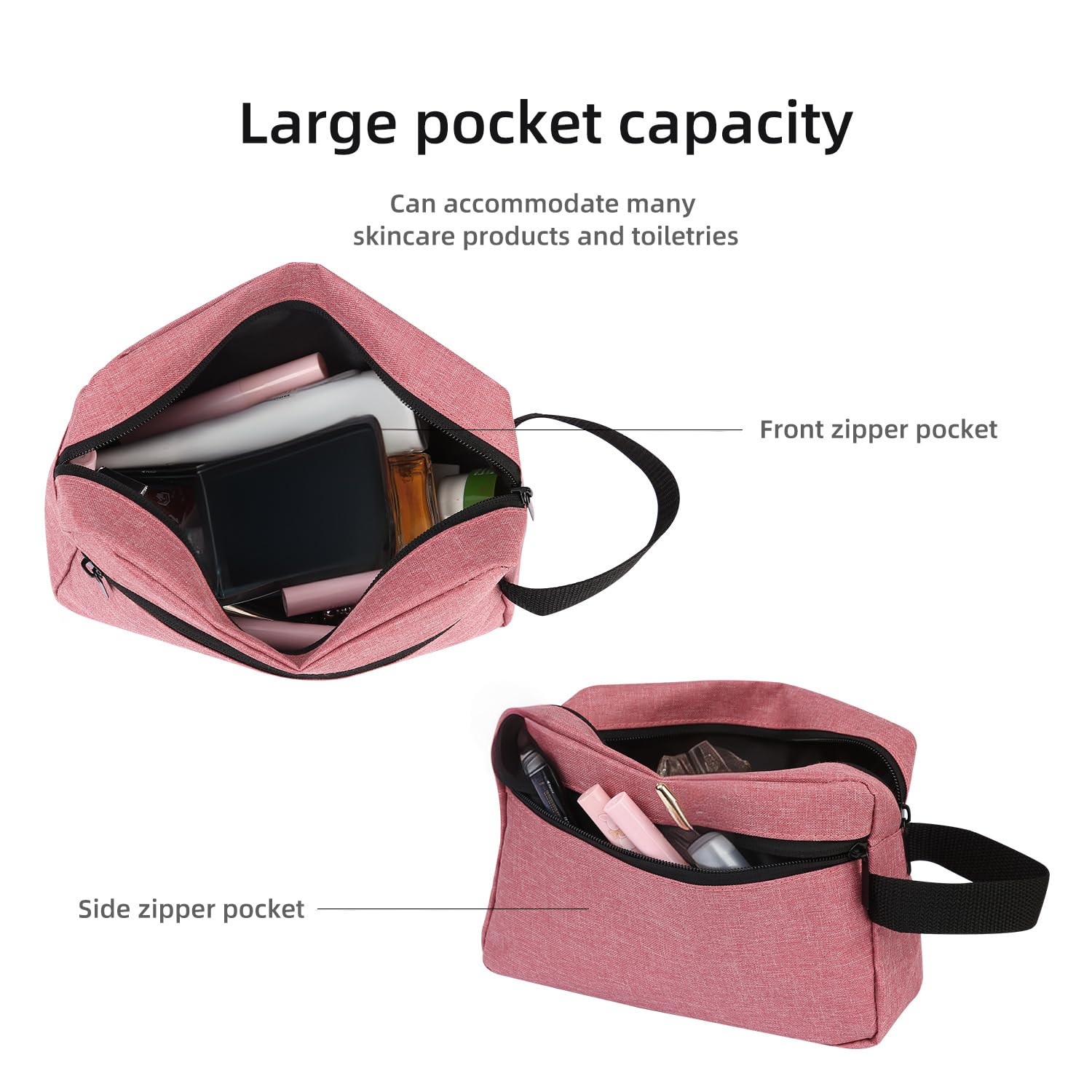 Icramsy sac toilette voyage Rose Poudré poche zippee latérale pour petits objets.