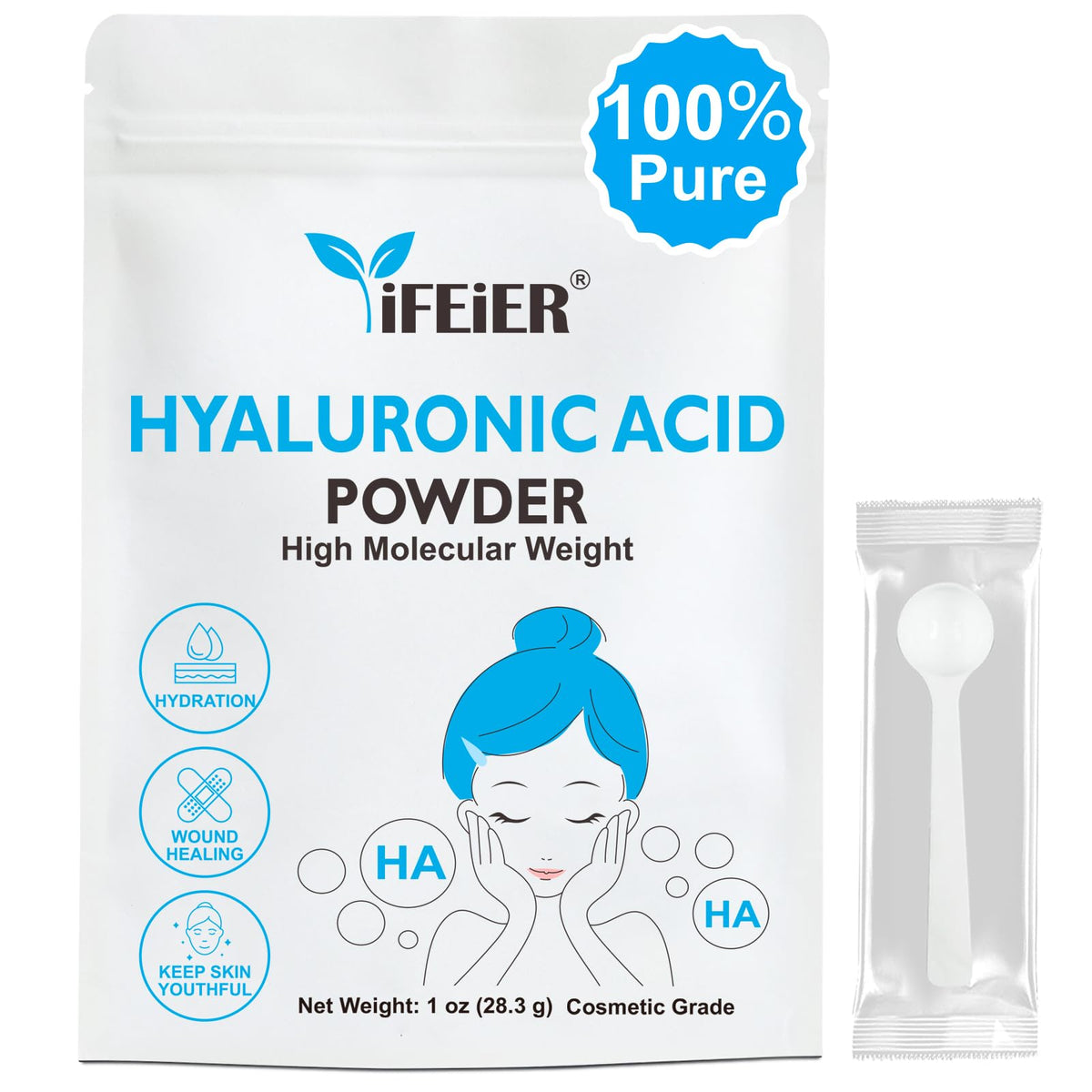 iFEiER Poudre d'acide hyaluronique haute masse moléculaire : prêt à être mélangé.