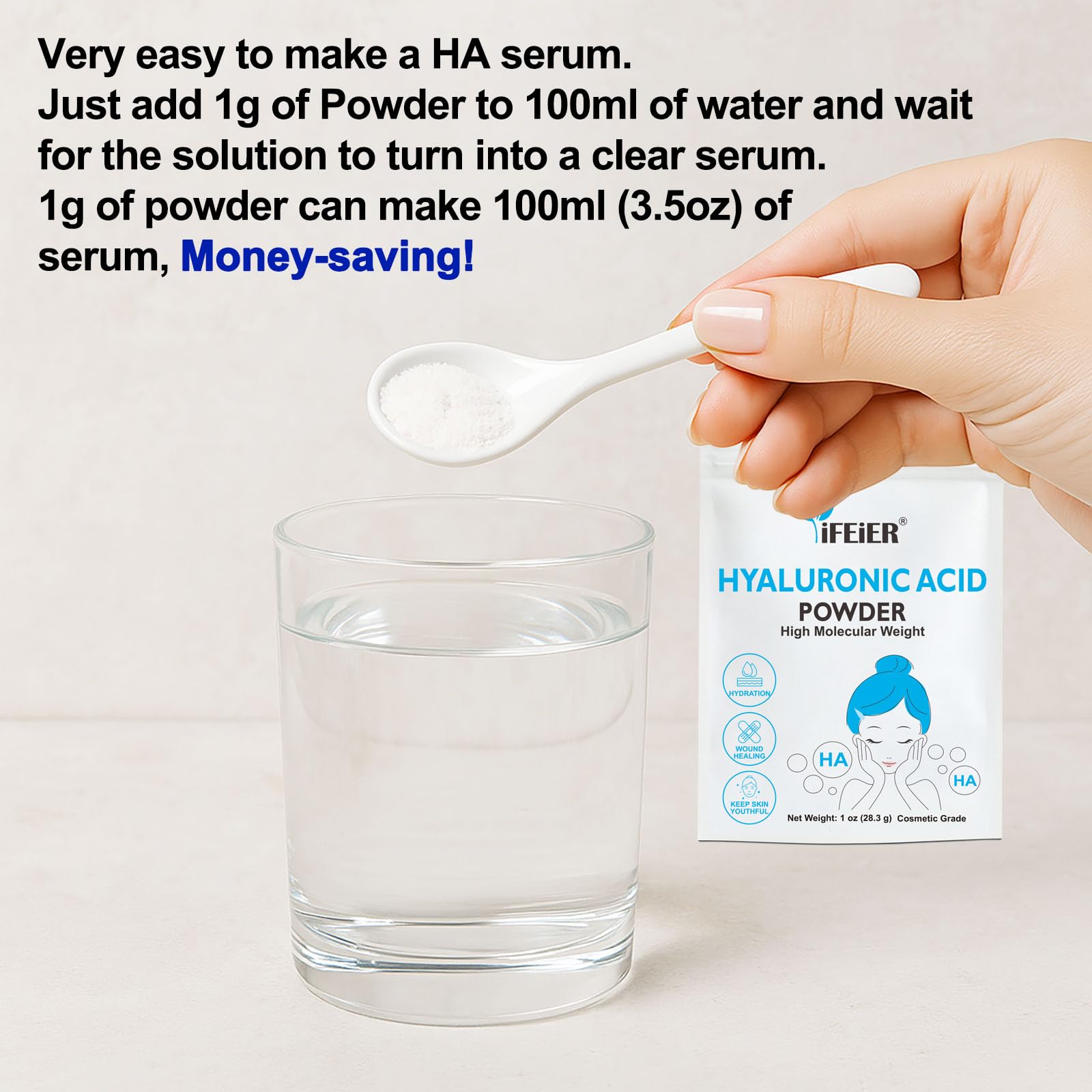 iFEiER Sérum hyaluronique clair sur peau, hydratation ciblée.