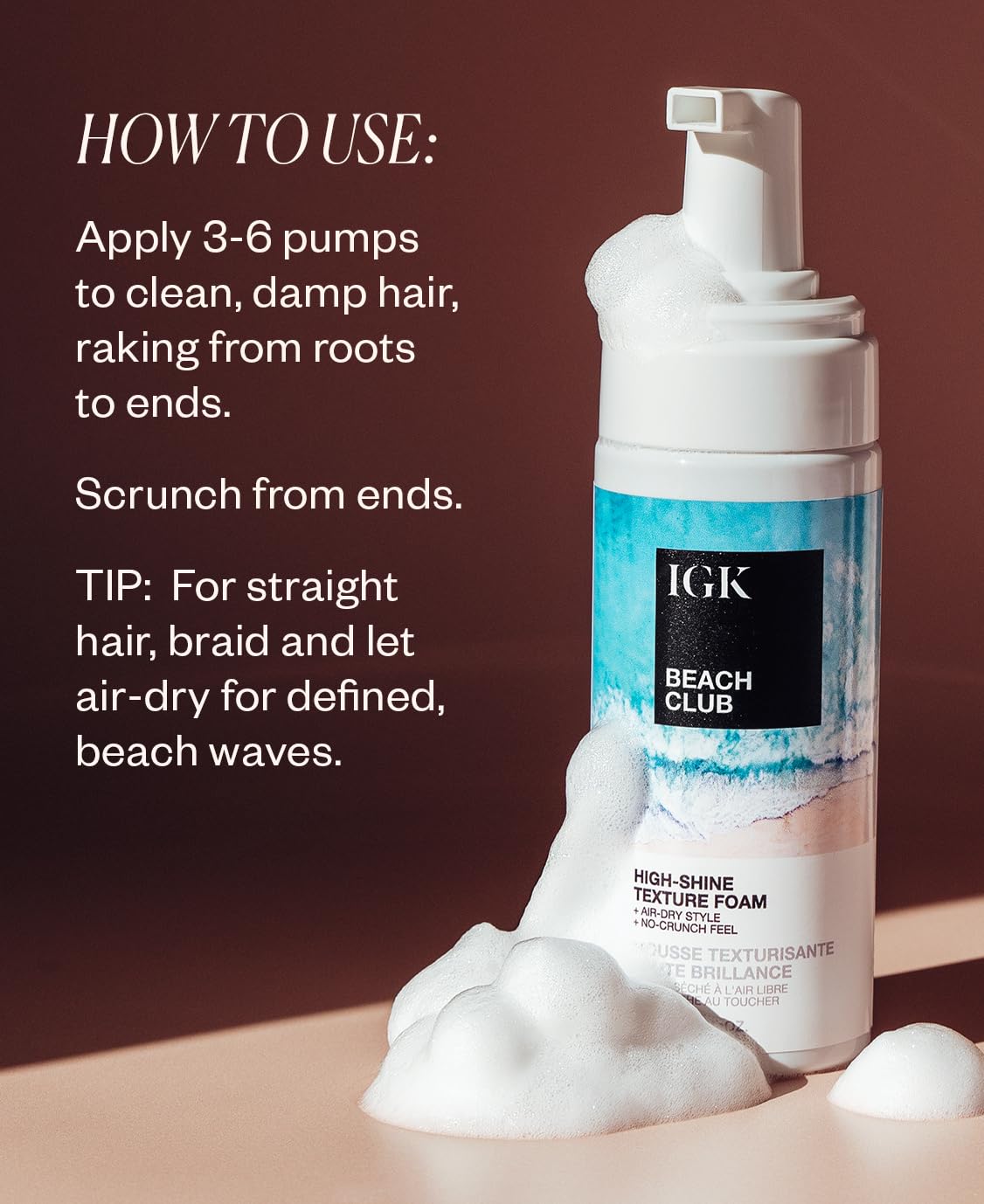 IGK Beach Club: mousse prête à l’application sur cheveux pour ondulations naturelles.