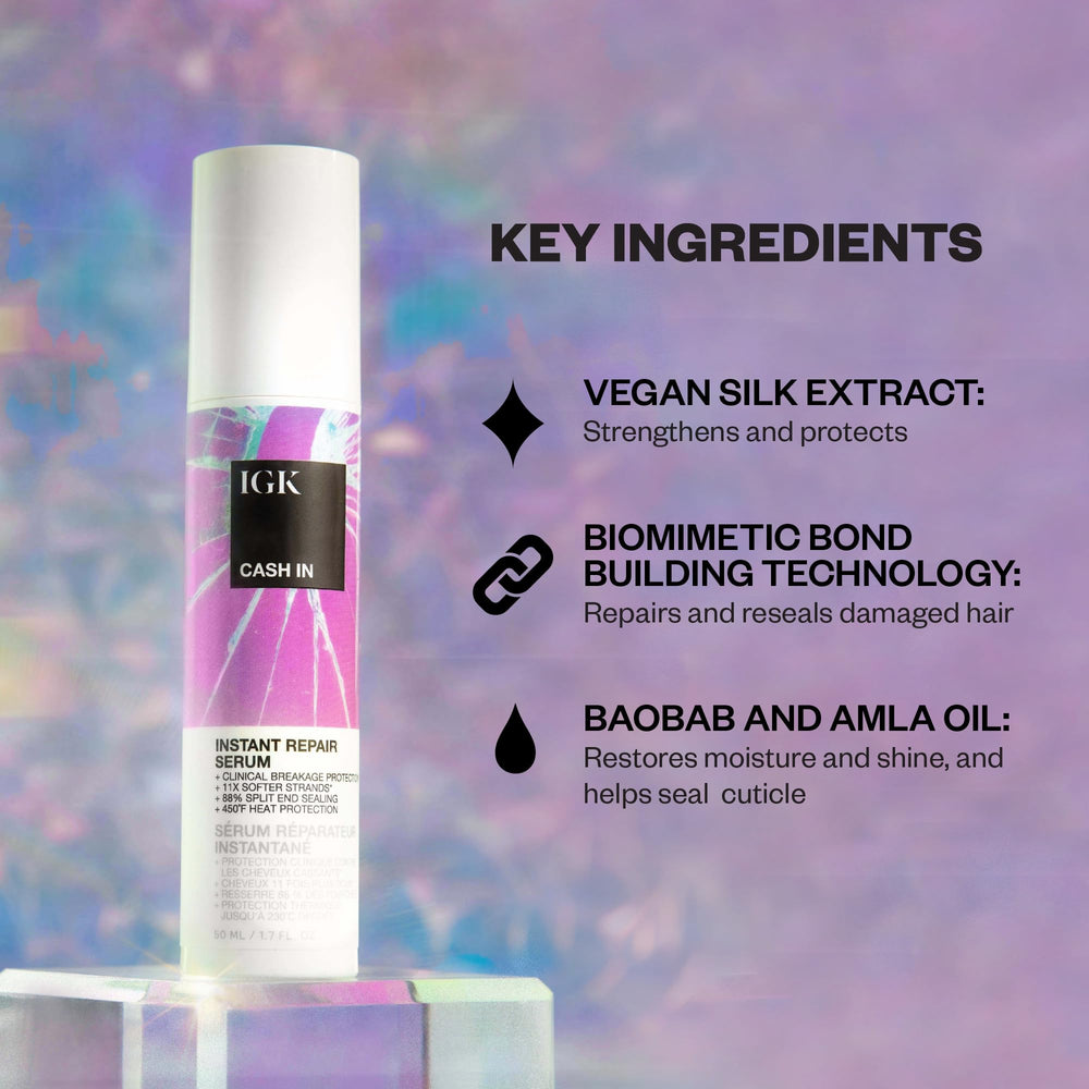 IGK Cash In Sérum – texture soyeuse répartie sur cheveux après application.