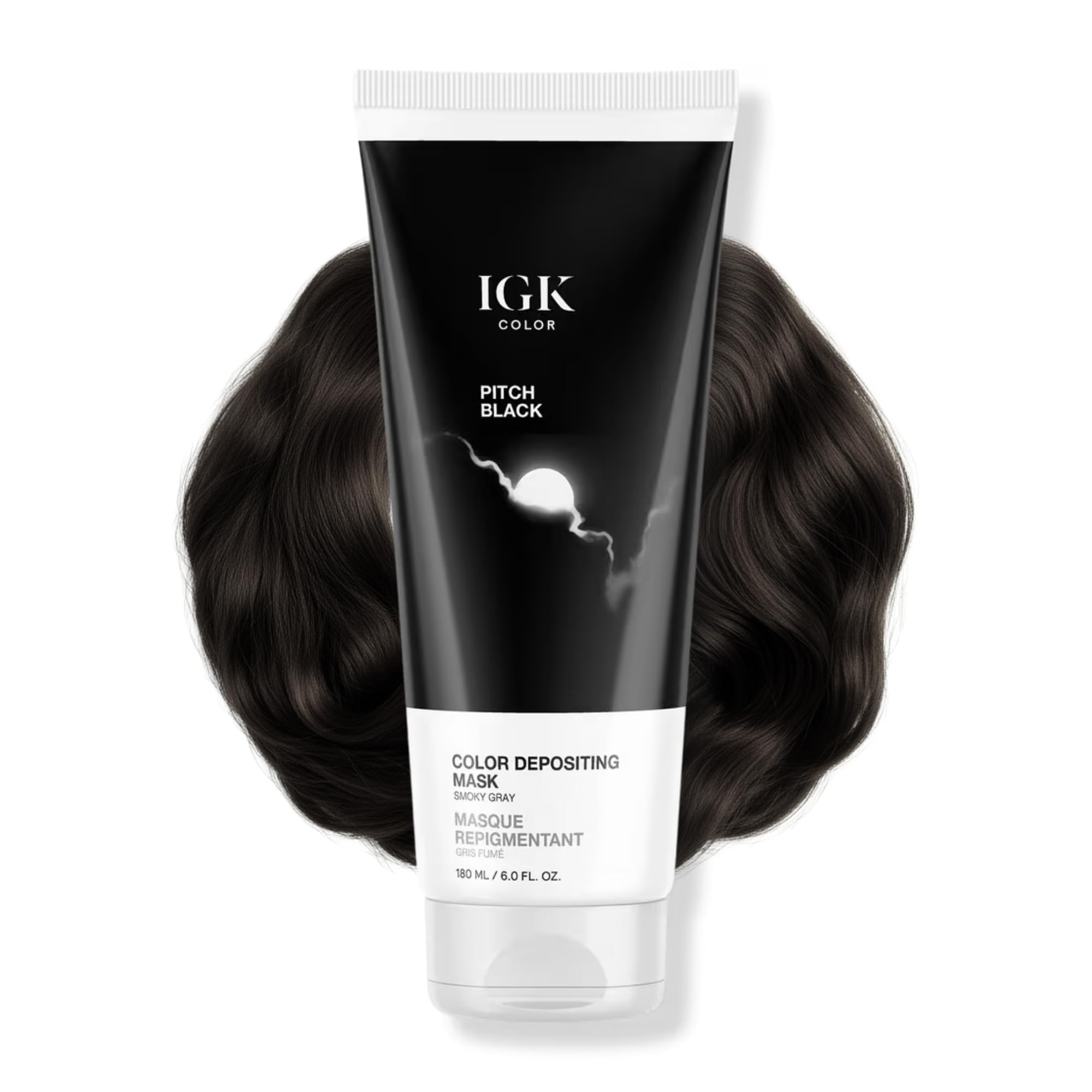 IGK Masque Déposant de Couleur Noir Fumé, bouteille – rafraîchit subtilement la couleur et nourrit les cheveux.