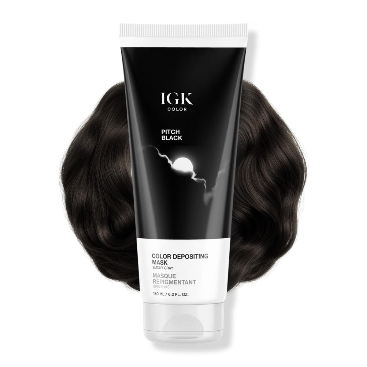 IGK Masque Déposant de Couleur Noir Fumé, bouteille – rafraîchit subtilement la couleur et nourrit les cheveux.