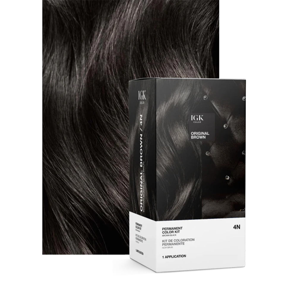 IGK Color Permanent – crème colorante et applicateur prêts pour une application uniforme.