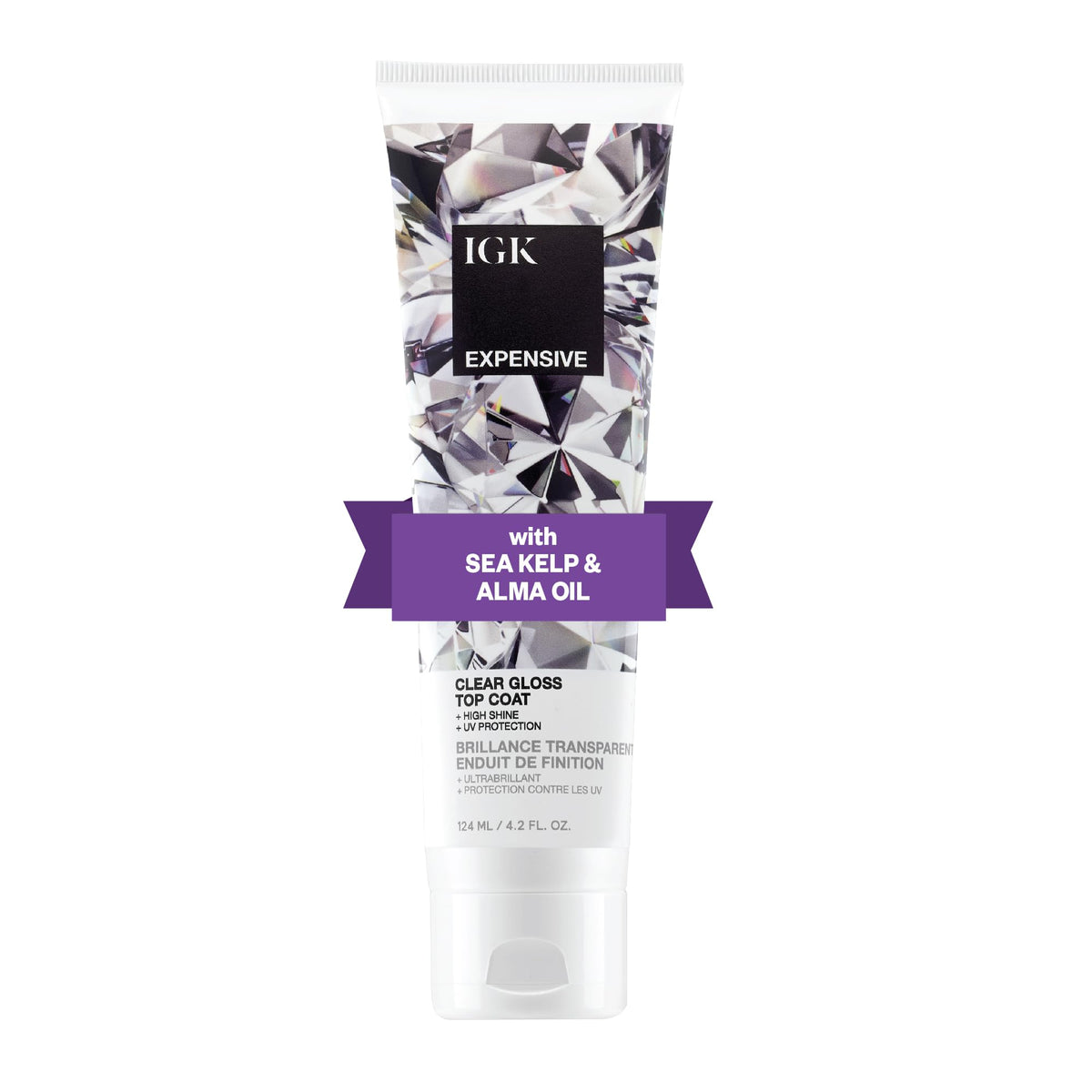 IGK Expensive – bouteille-gloss transparente, brillance naturelle et durable.