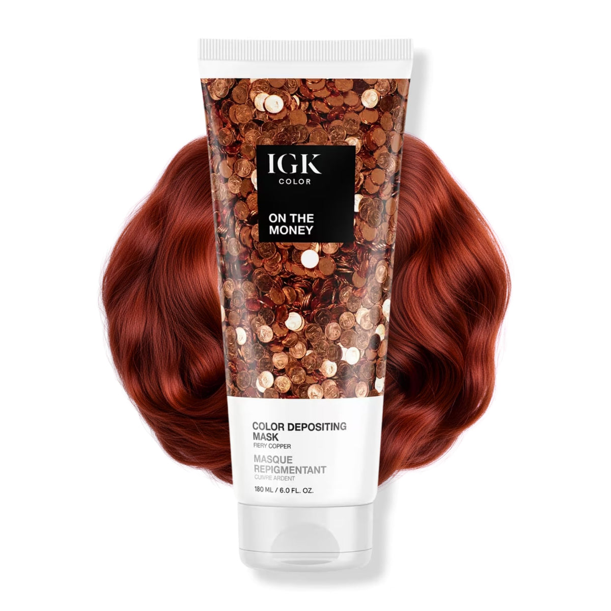 IGK tonique-brillance cuivre: bouteille affichant couleur chaude et brillance durable.