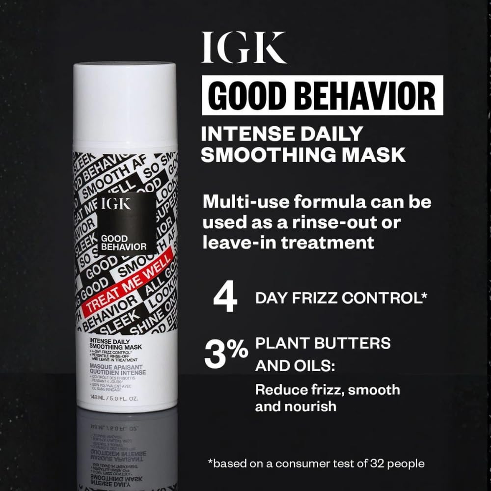 IGK Good Behavior masque lissant, application facile pour cheveux soyeux.