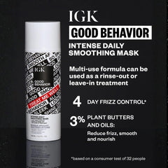 IGK Good Behavior masque lissant, application facile pour cheveux soyeux.