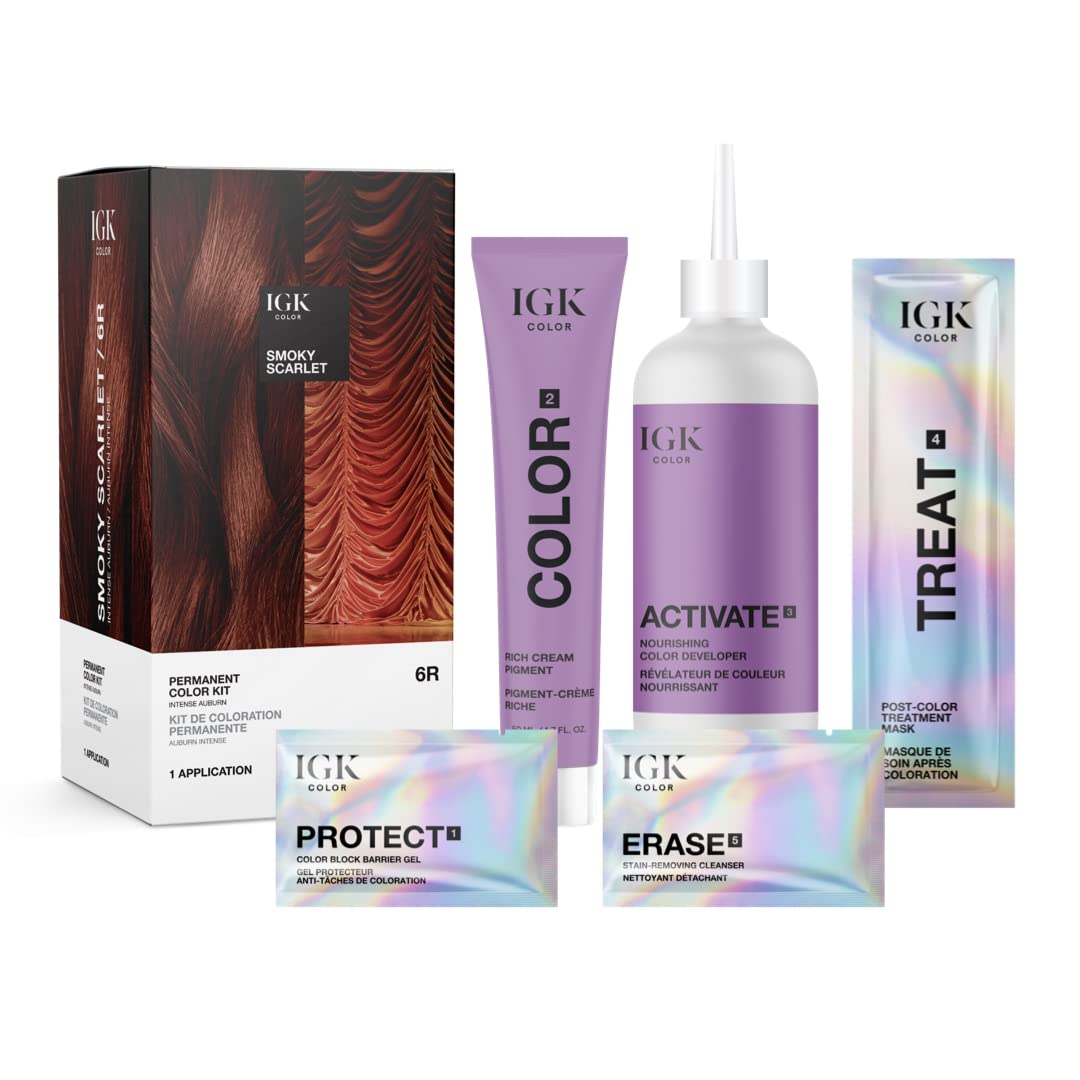 Boîte IGK Teinture 6R Smoky Scarlet révélant le kit professionnel.