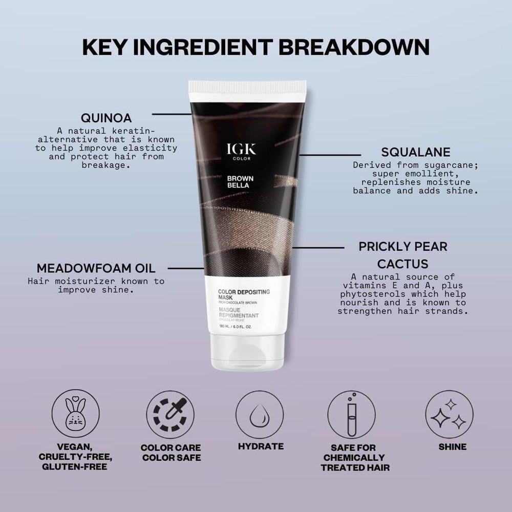 IGK Masque colorant brun chocolat – ingrédients végétaux nourrissants pour les cheveux.