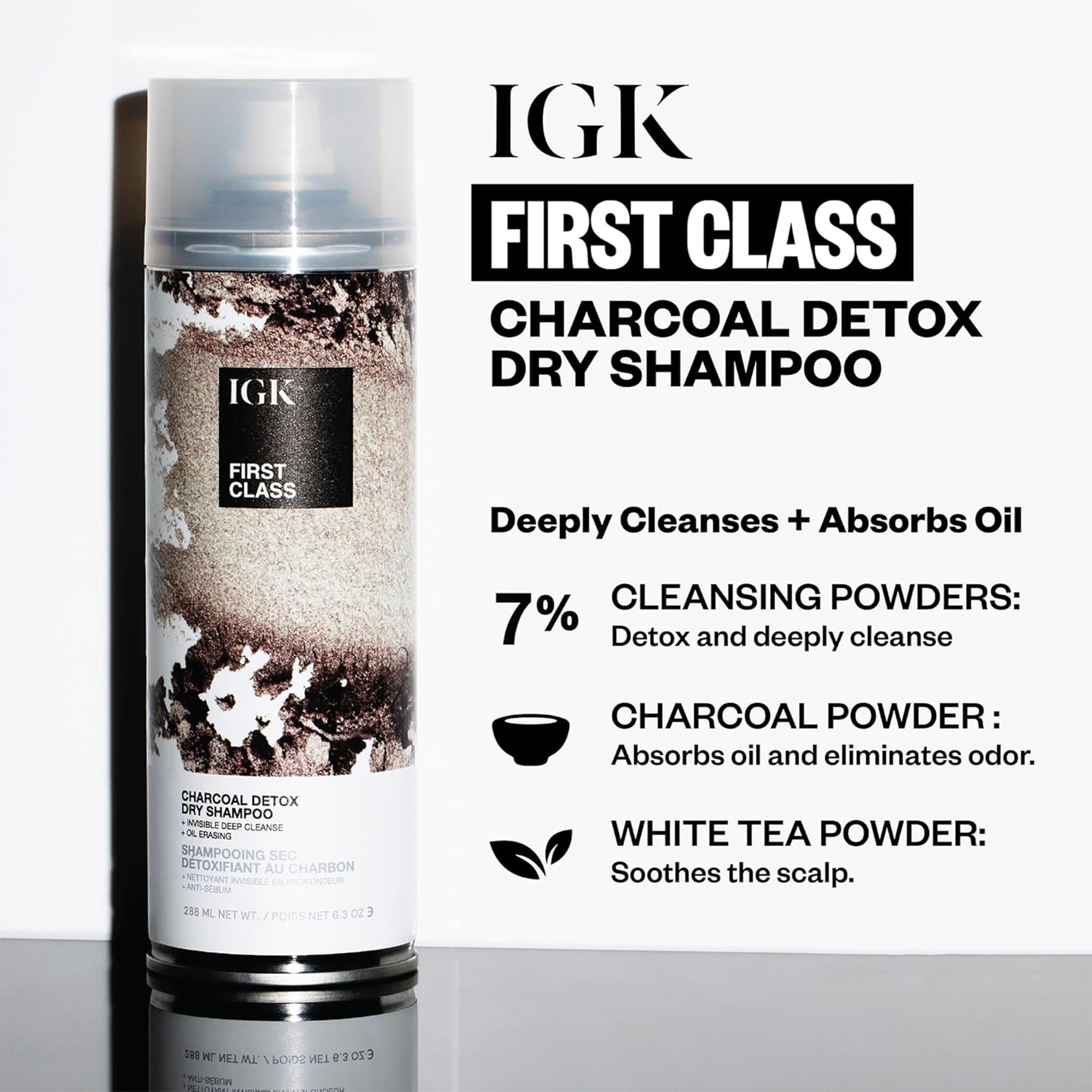 IGK Détox Charbon Première Classe - application sur les racines pour rafraîchissement rapide.