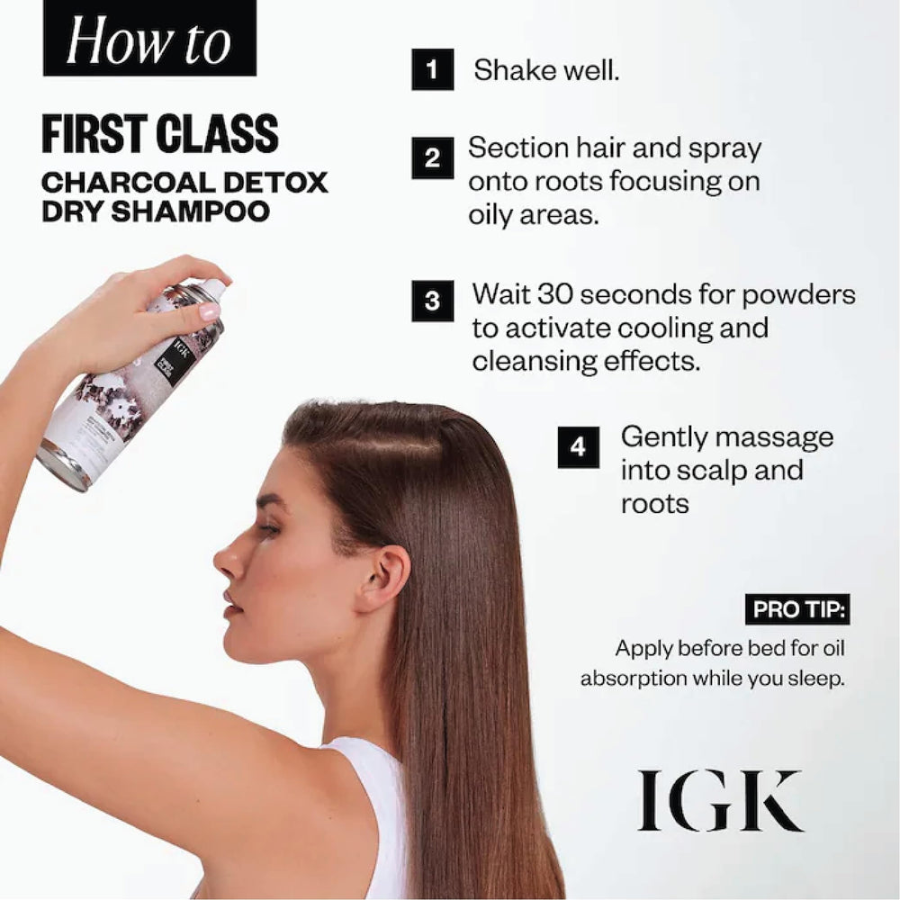 IGK Première Classe Charbon Detox, poudre de thé blanc apaise le cuir chevelu.
