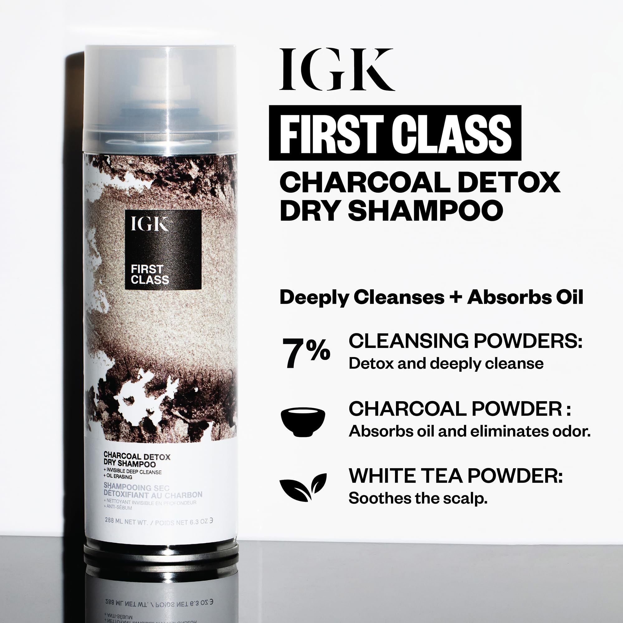 IGK Première Classe Detox Charbon — poudre charbon absorbante éliminant l’excès de sébum.