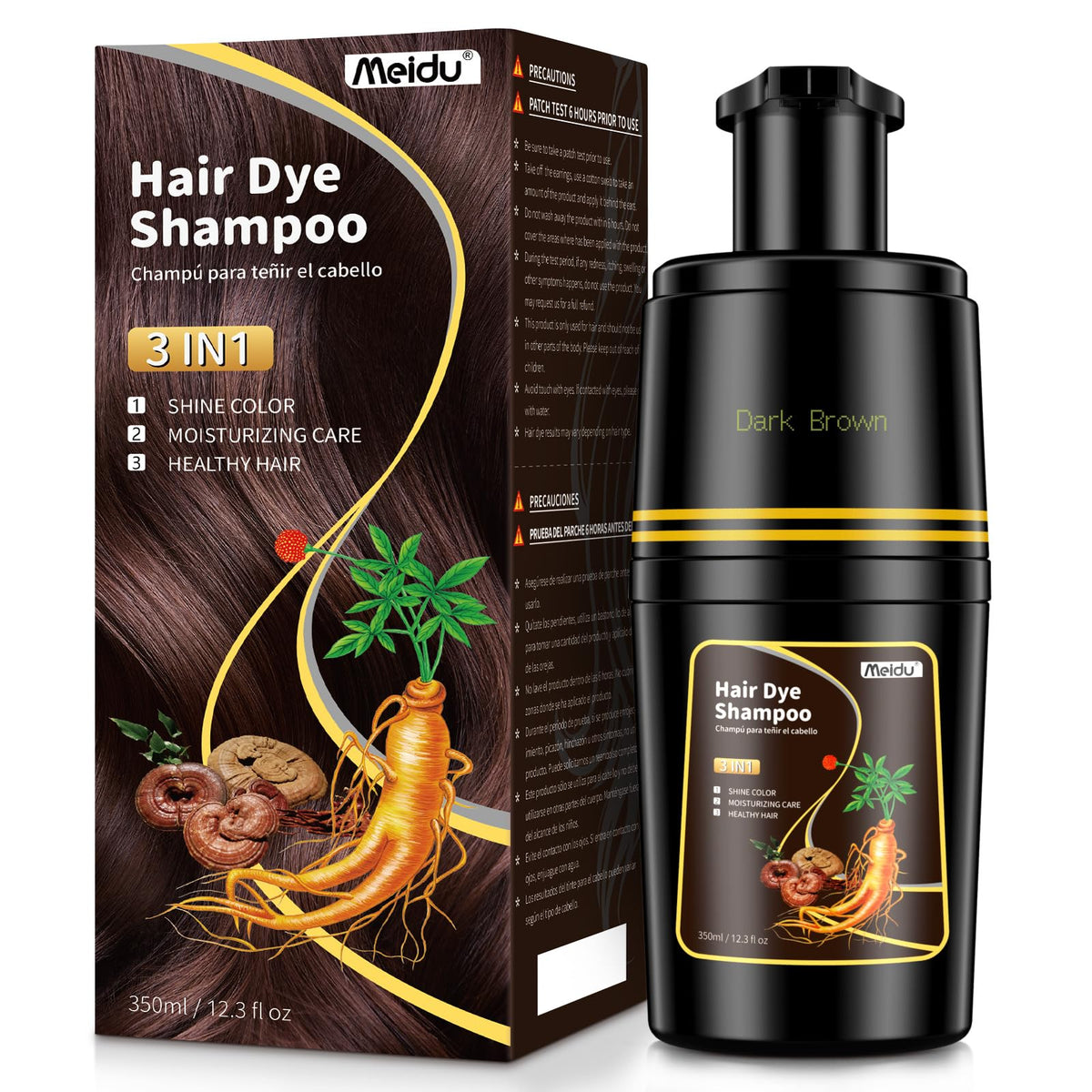 IIIMEIDU Dark Brown Hair Dye Shampoo bottle shows rapid gray coverage.