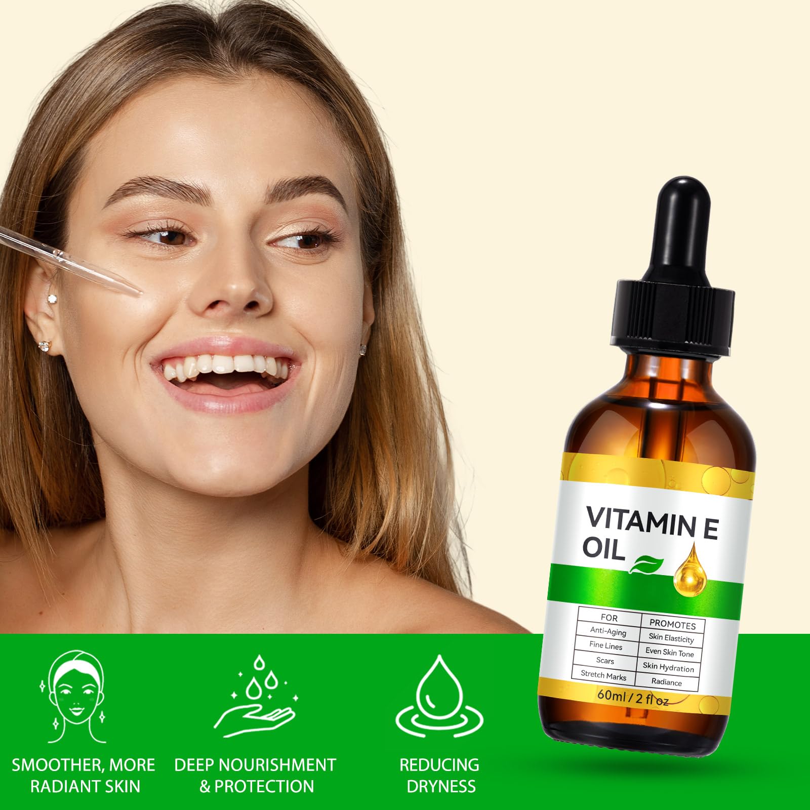 IKZEE huile vitamine-e, peau plus douce et teint lumineux après utilisation.