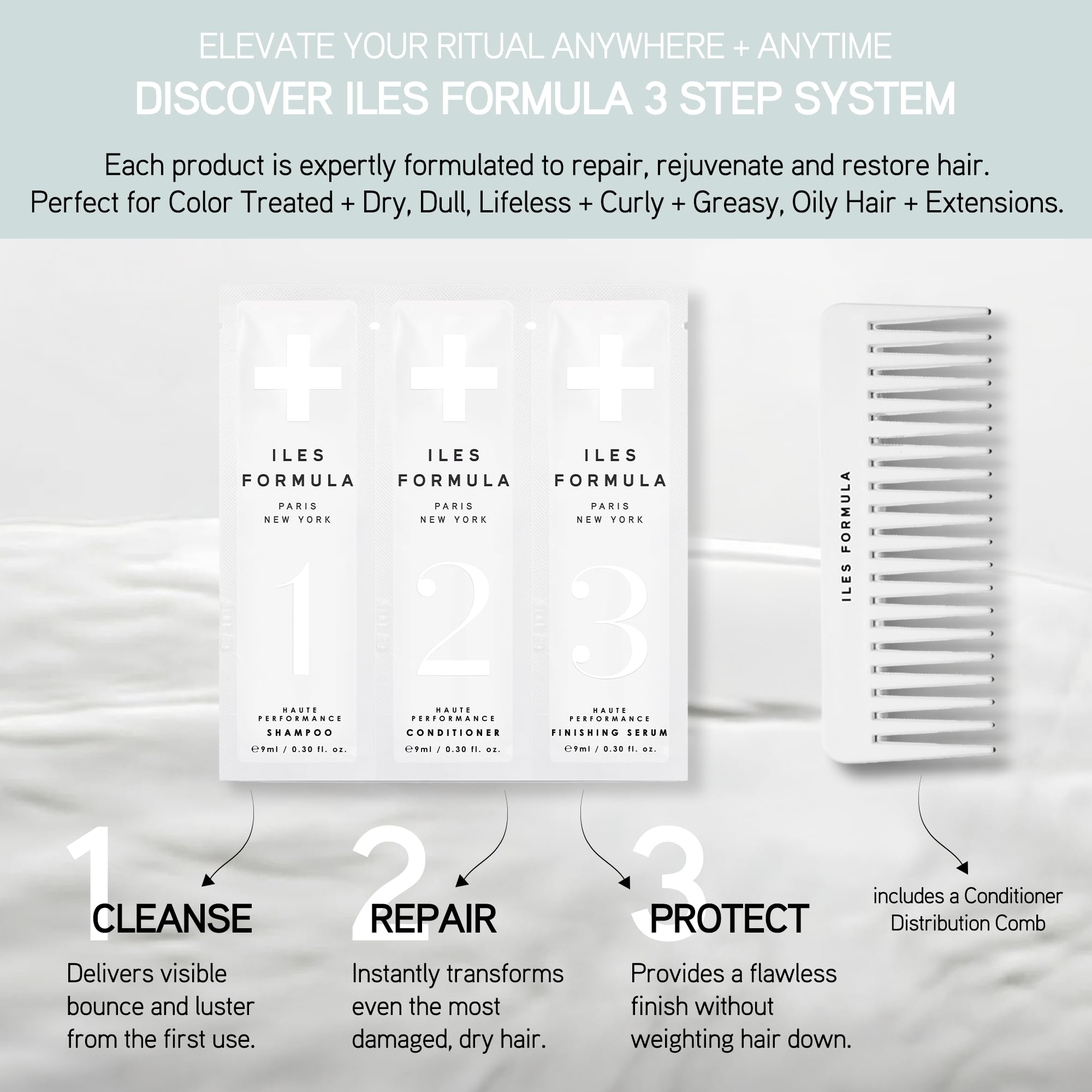 Après-shampoing mini ILES FORMULA, démêlage facile et cheveux plus lisses.