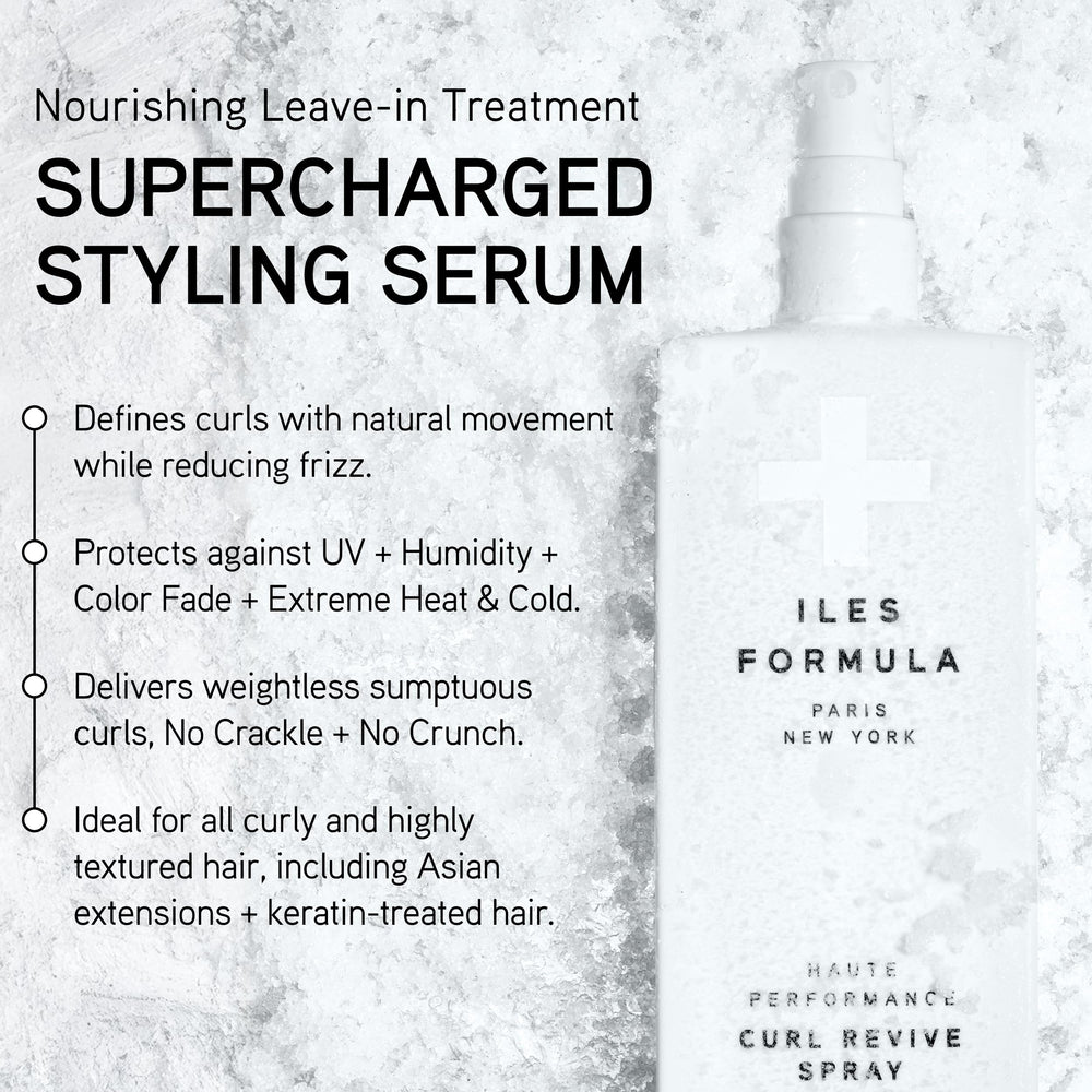 Iles Formula Curl Revive: protection chaleur jusqu'à 450 °F pour des boucles rebondies.