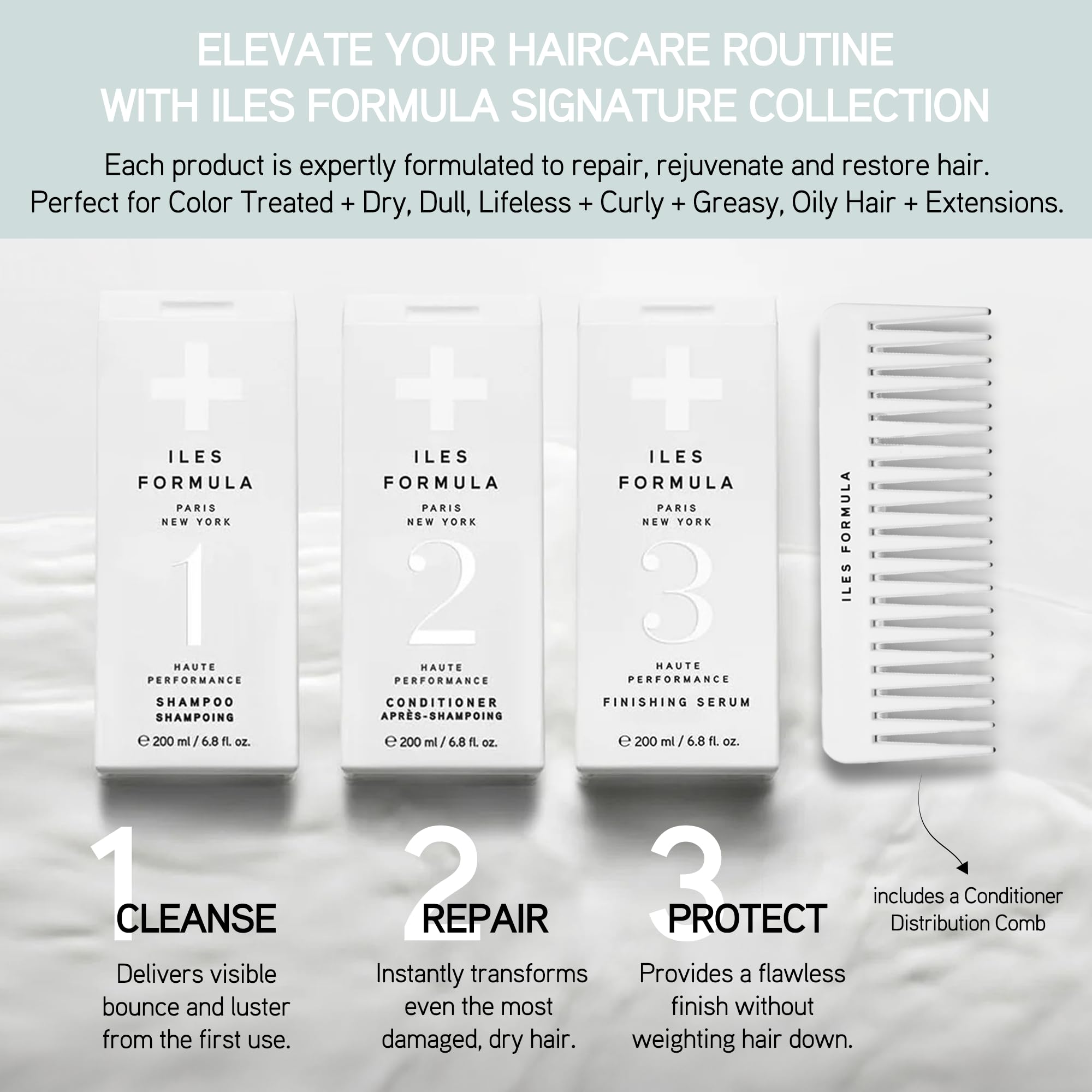 Iles Formula Paris Après-Shampoing Signature – flacon, lisse et démêle les cheveux pour plus de douceur.
