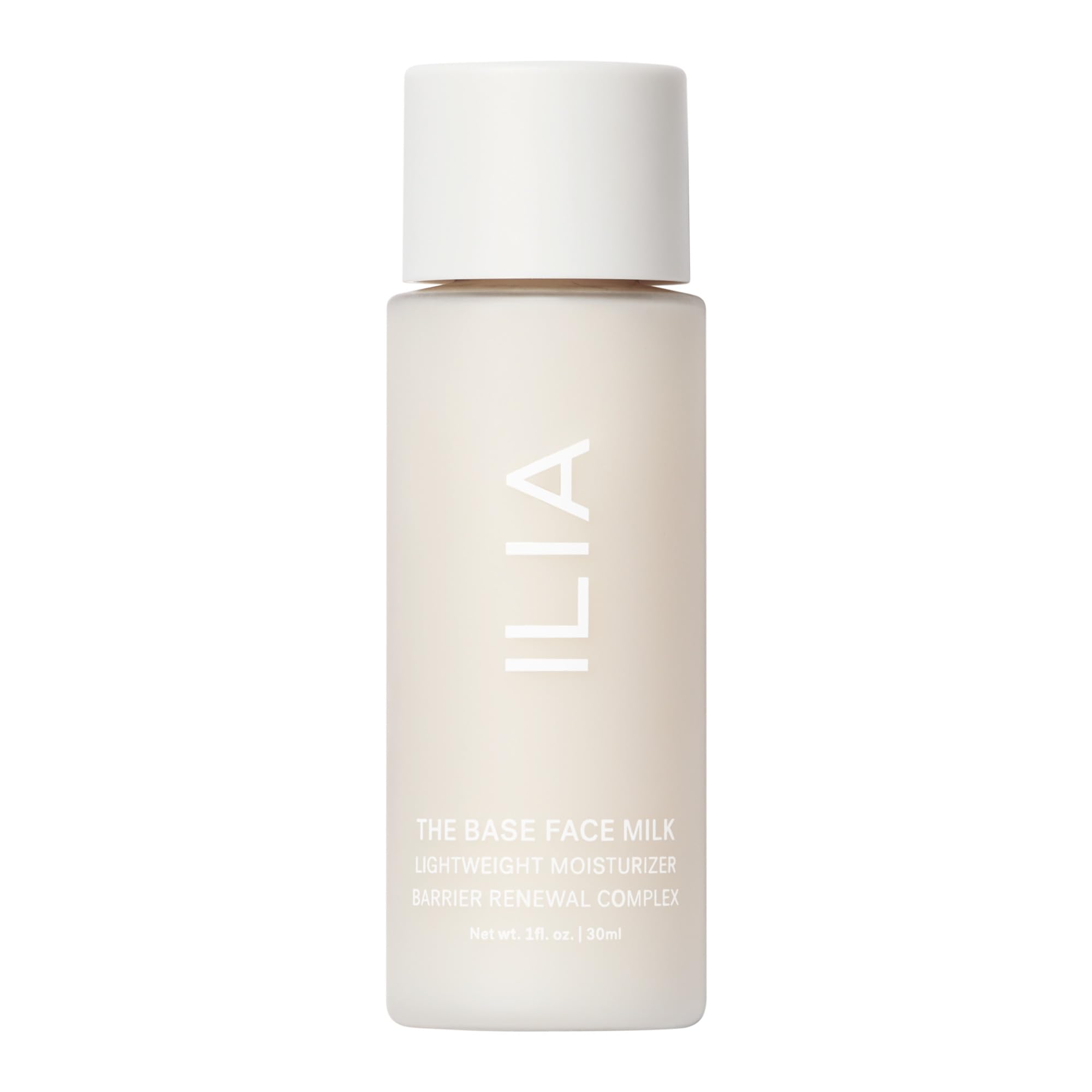 ILIA Base Face Milk Essence dans une bouteille voyage, hydratation légère possible.