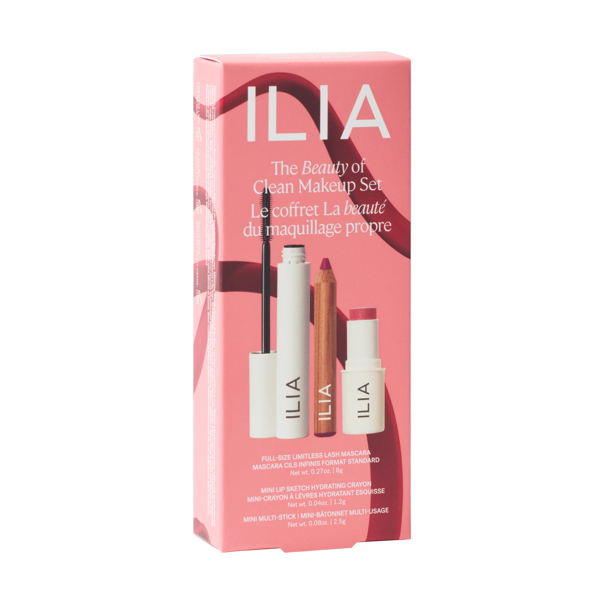 ILIA Coffret beauté propre et durable, présentant trois produits incontournables.