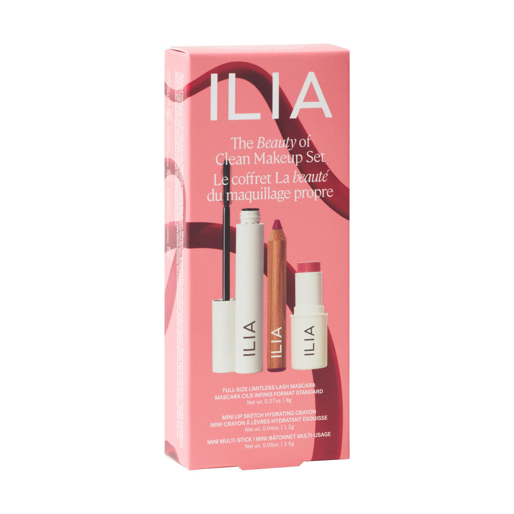 ILIA Coffret beauté propre et durable, présentant trois produits incontournables.