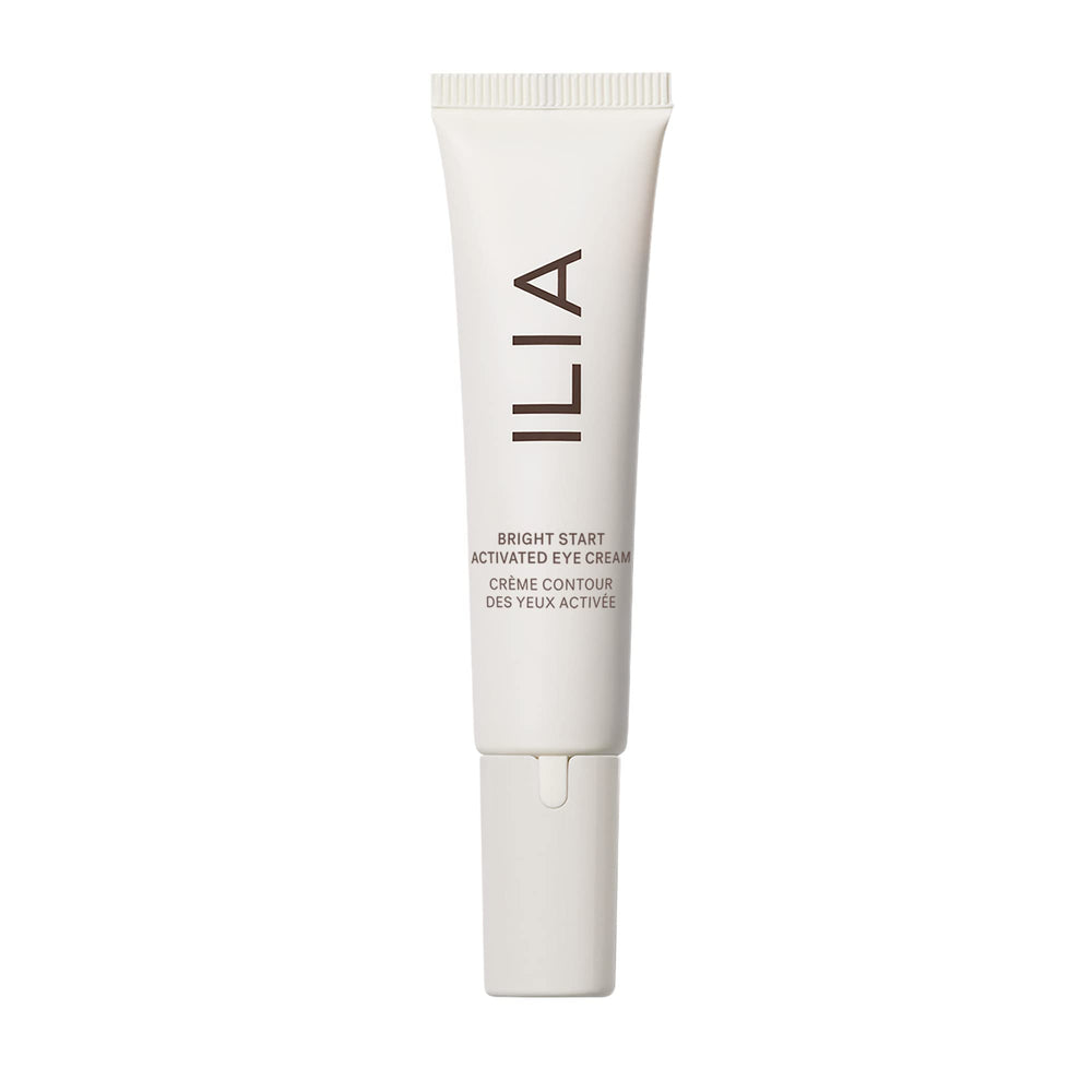 Crème yeux ILIA Bright Start prête pour le maquillage, effet lumière naturelle.