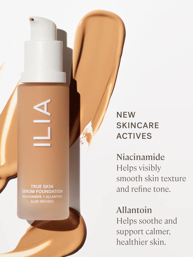 ILIA True Skin Serum Foundation, actifs niacinamide et allantoin pour douceur.