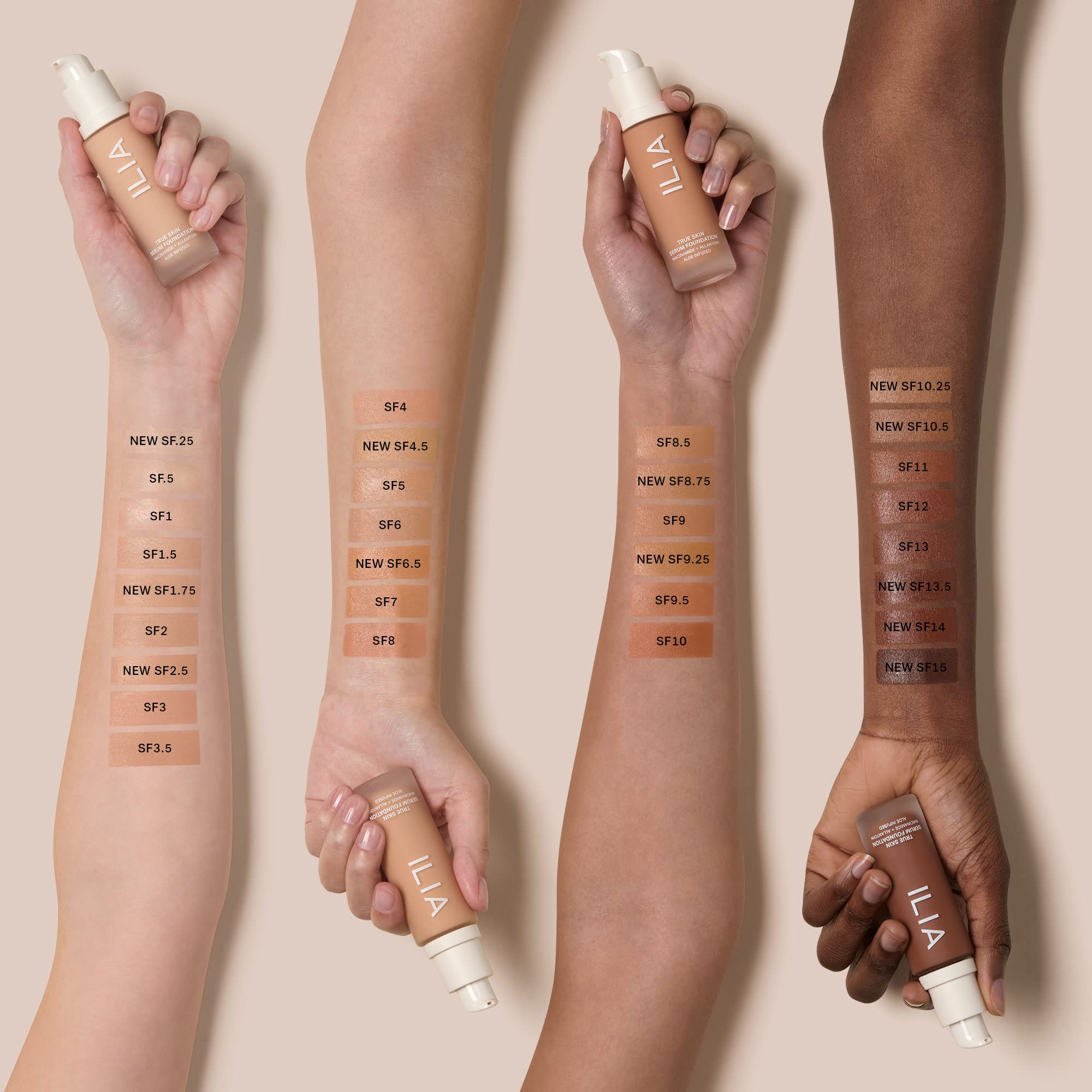 ILIA True Skin Serum Foundation, zoom sur peau avec fini naturel et lumineux.