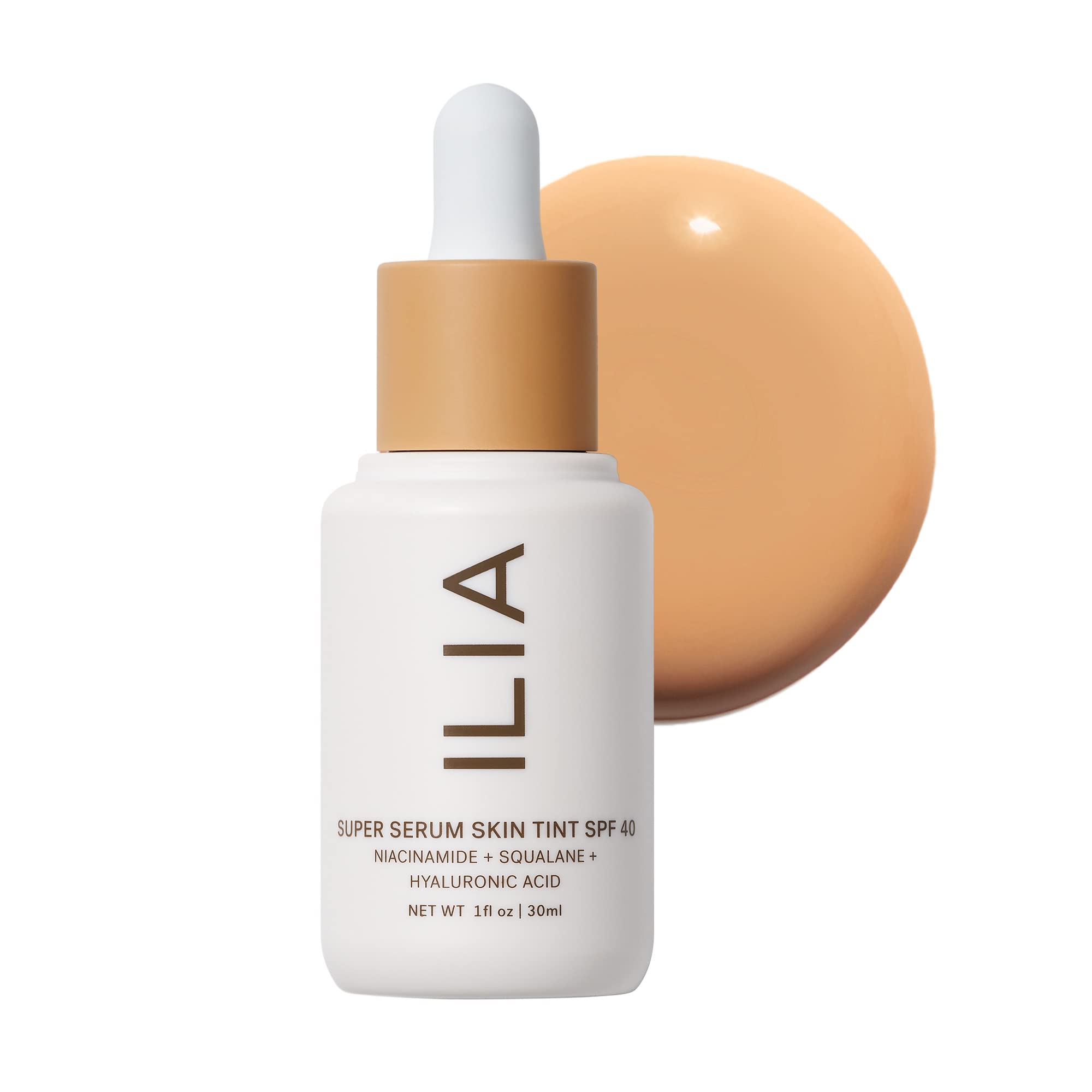 ILIA Super Serum Skin Tint sur bouteille, hydratation légère et teint unifié.