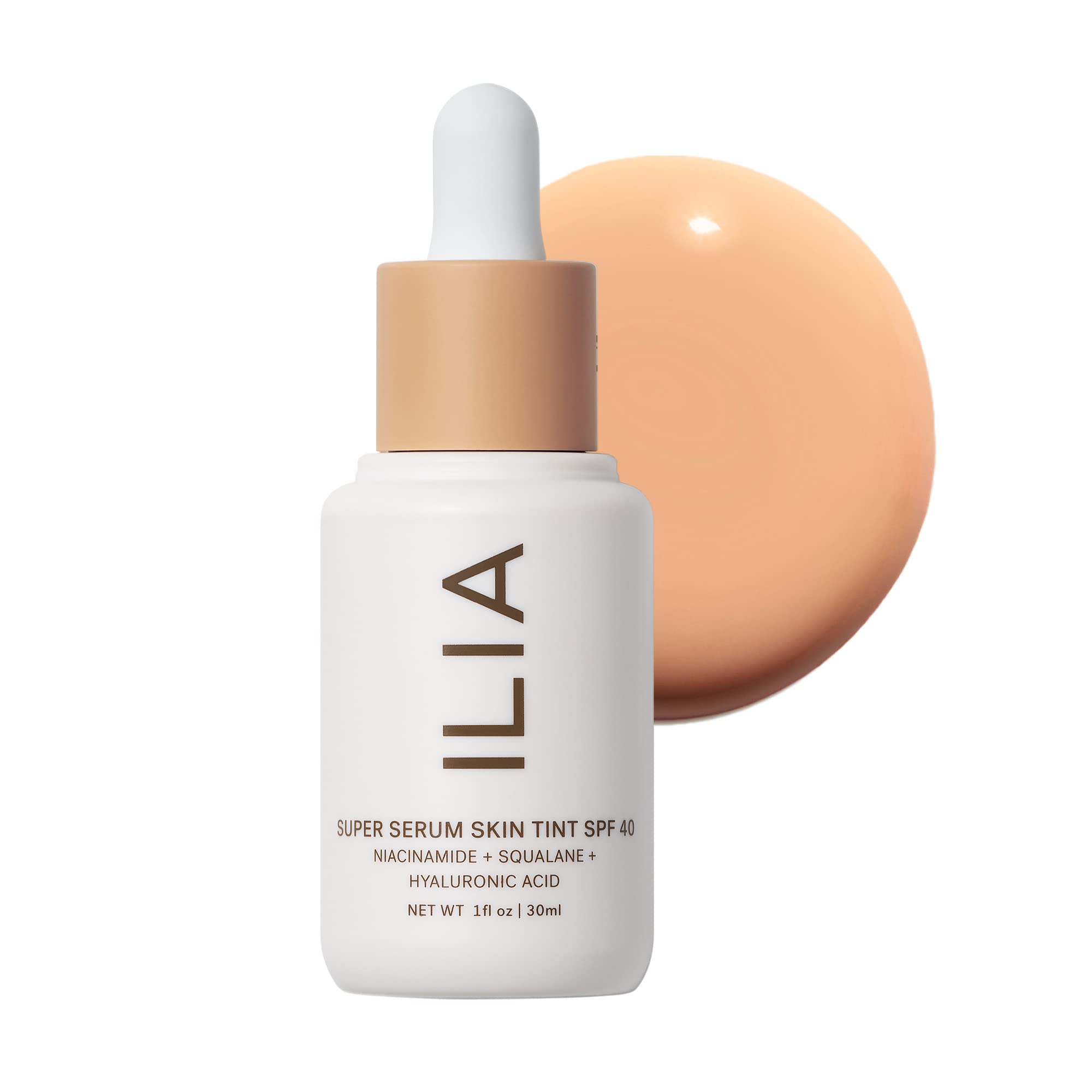 ILIA Super Serum Skin Tint dans sa bouteille, hydratation légère et éclat naturel.