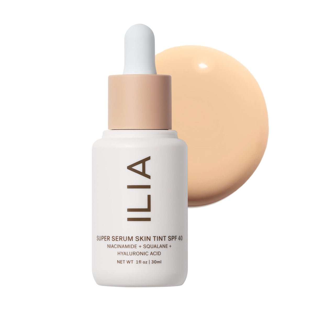ILIA Super Serum Skin Tint SPF 40 dans sa bouteille, hydratant et teint léger.