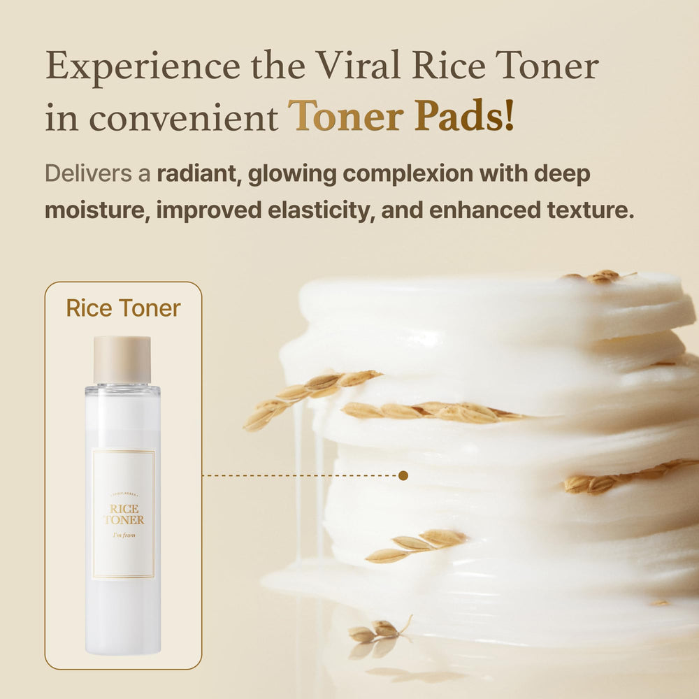 Im From Rice Toner Pads extrait riz en gros plan, suggérant nourrissage et douceur.