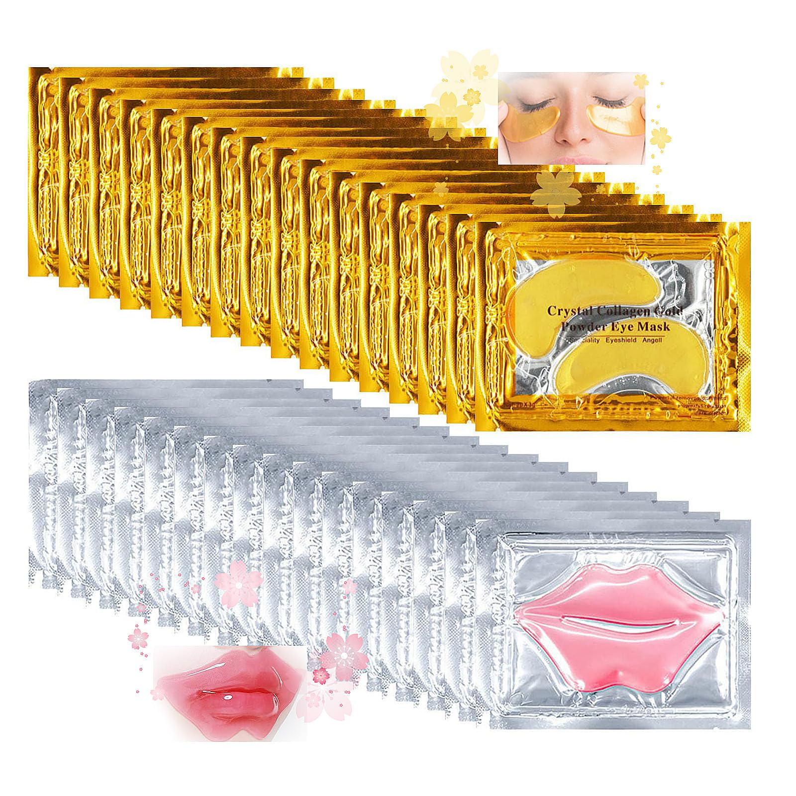 Eqimznv — 32 Paires Masques Yeux & Lèvres, Gel 24K Cristal, Hydratation et Ridules