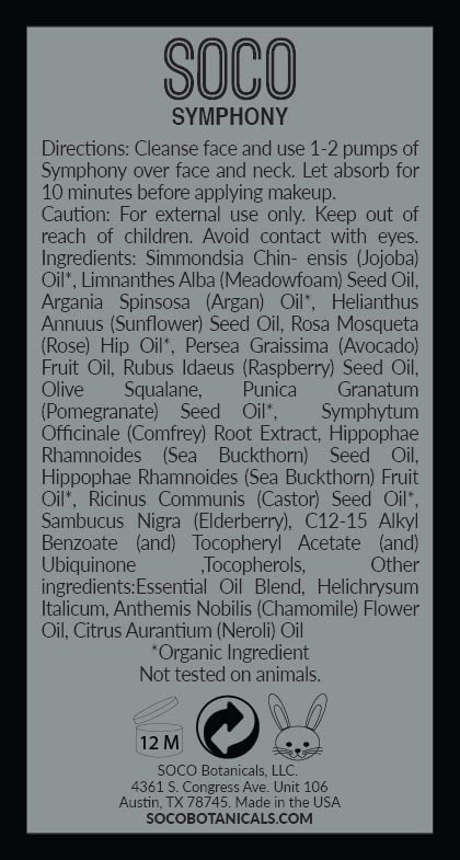 SOCO Botanicals Symphony – Élixir huile visage anti-âge bio (argousier, rose musquée, CoQ10, néroli & immortelle)