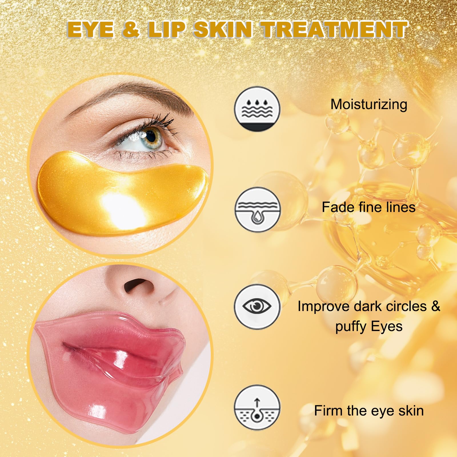 Eqimznv — 32 Paires Masques Yeux & Lèvres, Gel 24K Cristal, Hydratation et Ridules