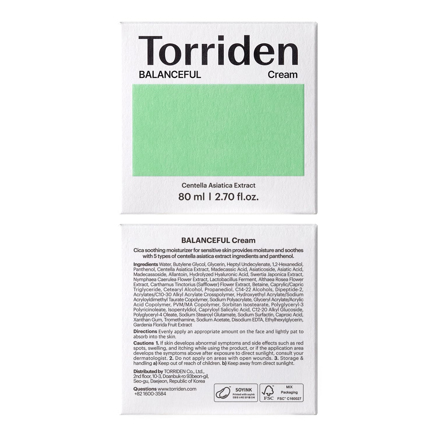 Torriden BALANCEFUL Cream 80 ml – Crème apaisante et hydratante pour peau grasse et sensible | 5D CICA, Acide Hyaluronique Hydrolysé, Panthenol