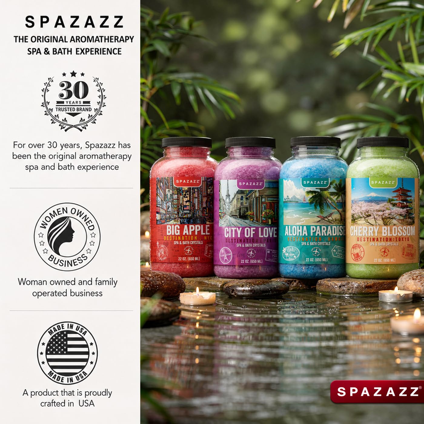 Spazazz Destinos Colección: Aloha Paradise, Big Apple, City of Love y Cherry Blossom – Cristales Aromaterapia para Spa