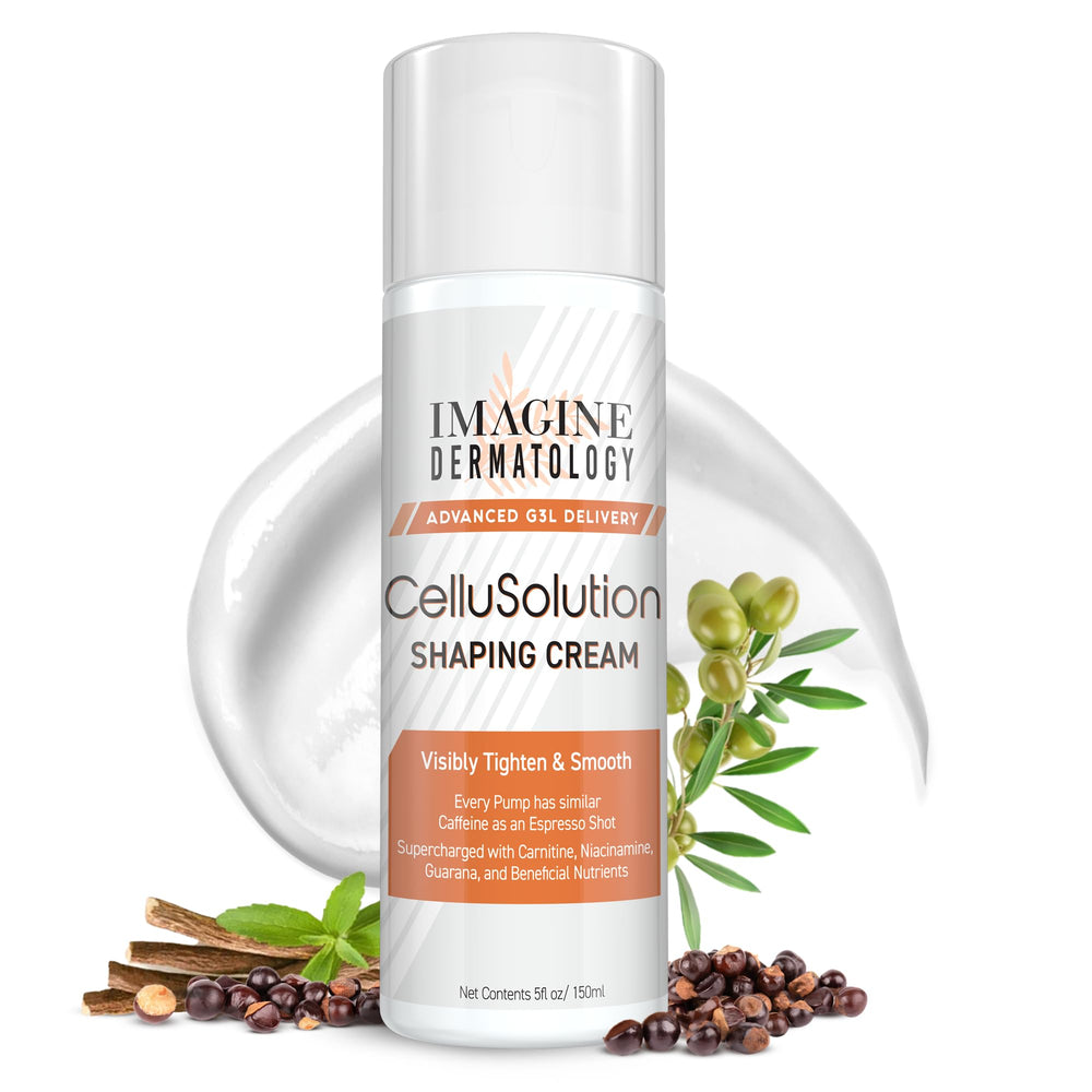 CelluSolution d'Imagine Dermatology: crème caféine en bouteille pompe, pratique et sans débordement.