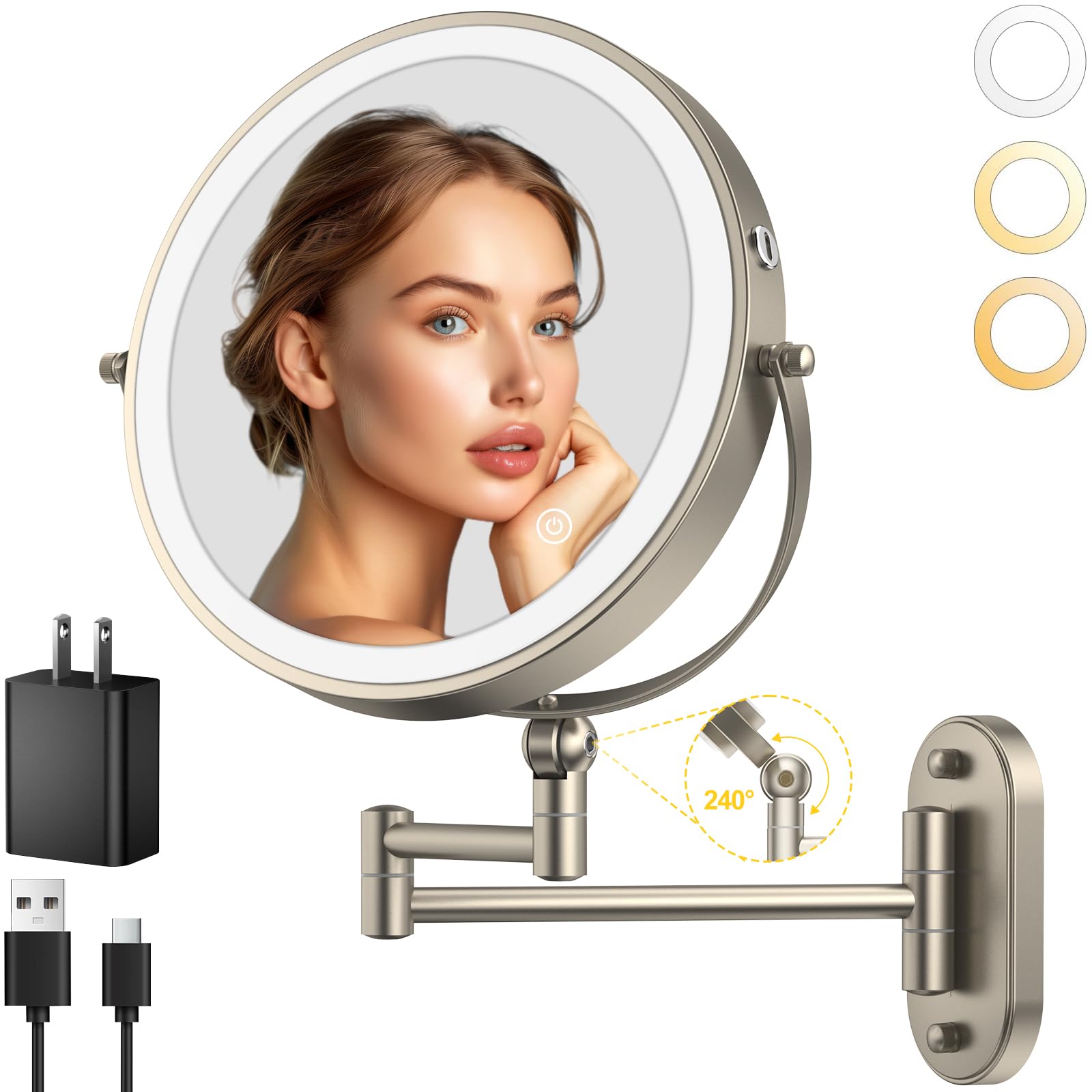 Miroir IMIKONA mural 9 pouces avec lumière intégrée pour un maquillage précis.