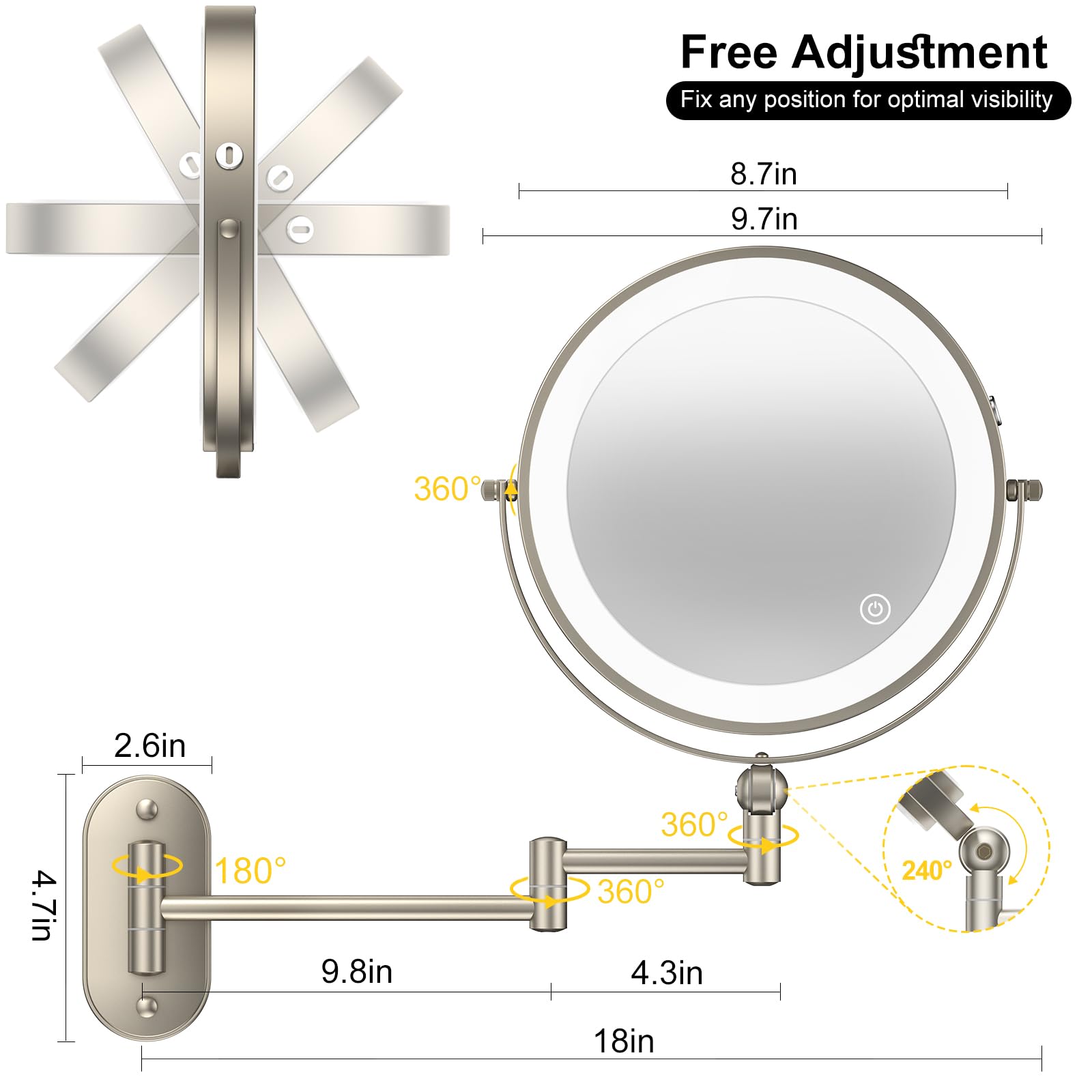 Miroir IMIKONA mural rotation 360° et angle personnalisable.