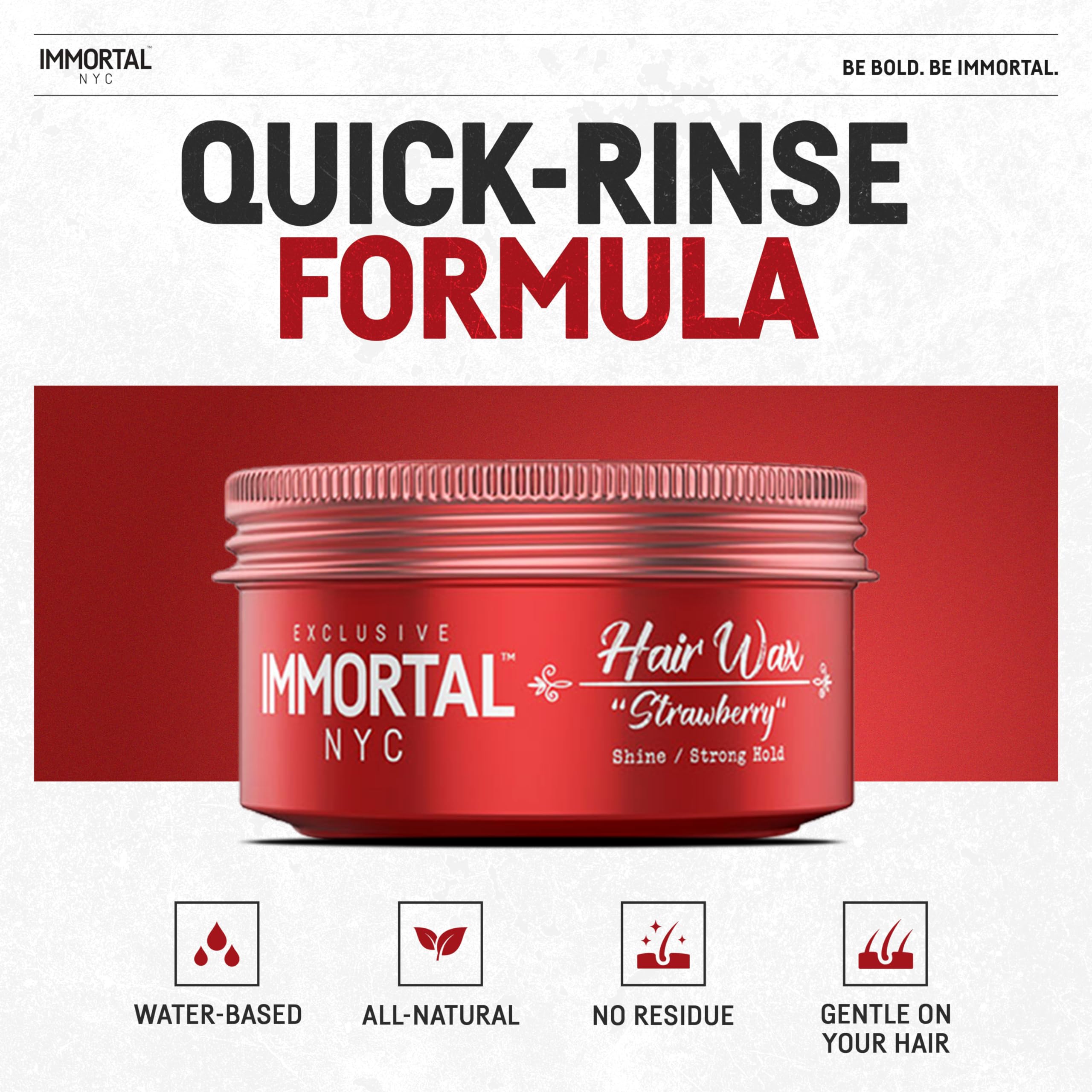 Immortal NYC Strawberry Hair Wax hold and shine highlight long-lasting style and glossy finish.