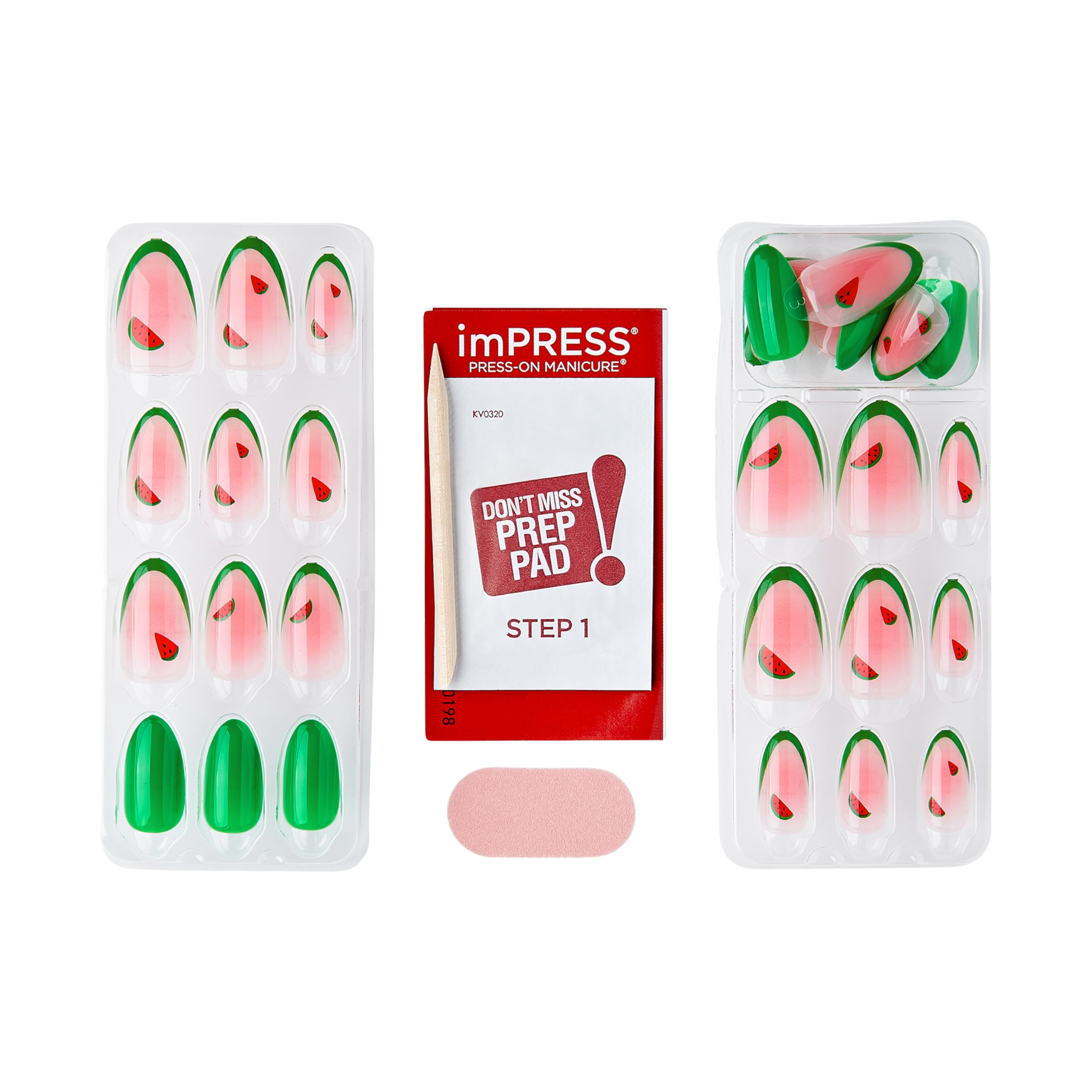 Ongles ImPRESS design pastèque à pointe verte, longueur moyenne, forme amande, tendance.